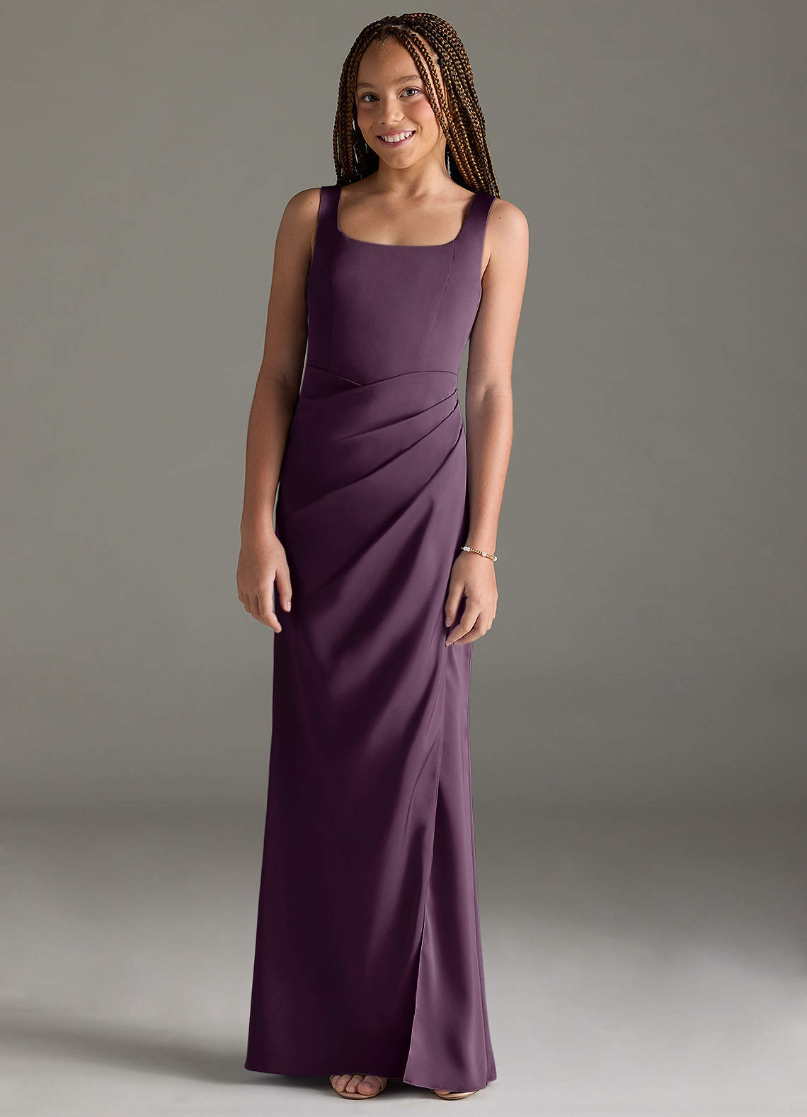Azazie Mero Junior Plum Mermaid Pleated Stretch Satin Dress image1