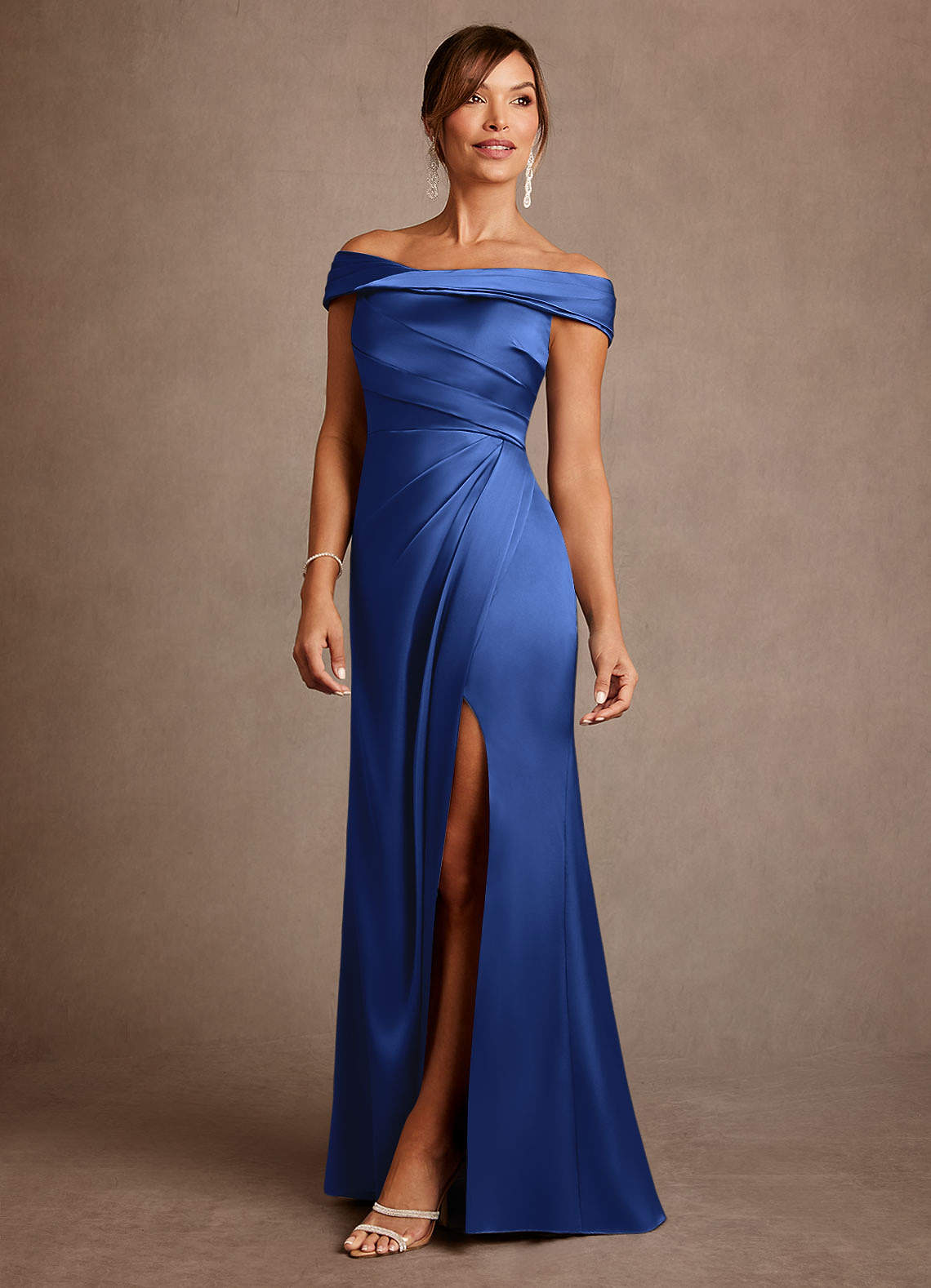 Azazie Bedford Mother of the Bride Dresses Royal Blue Sheath Pleated Stretch Satin Dress image1