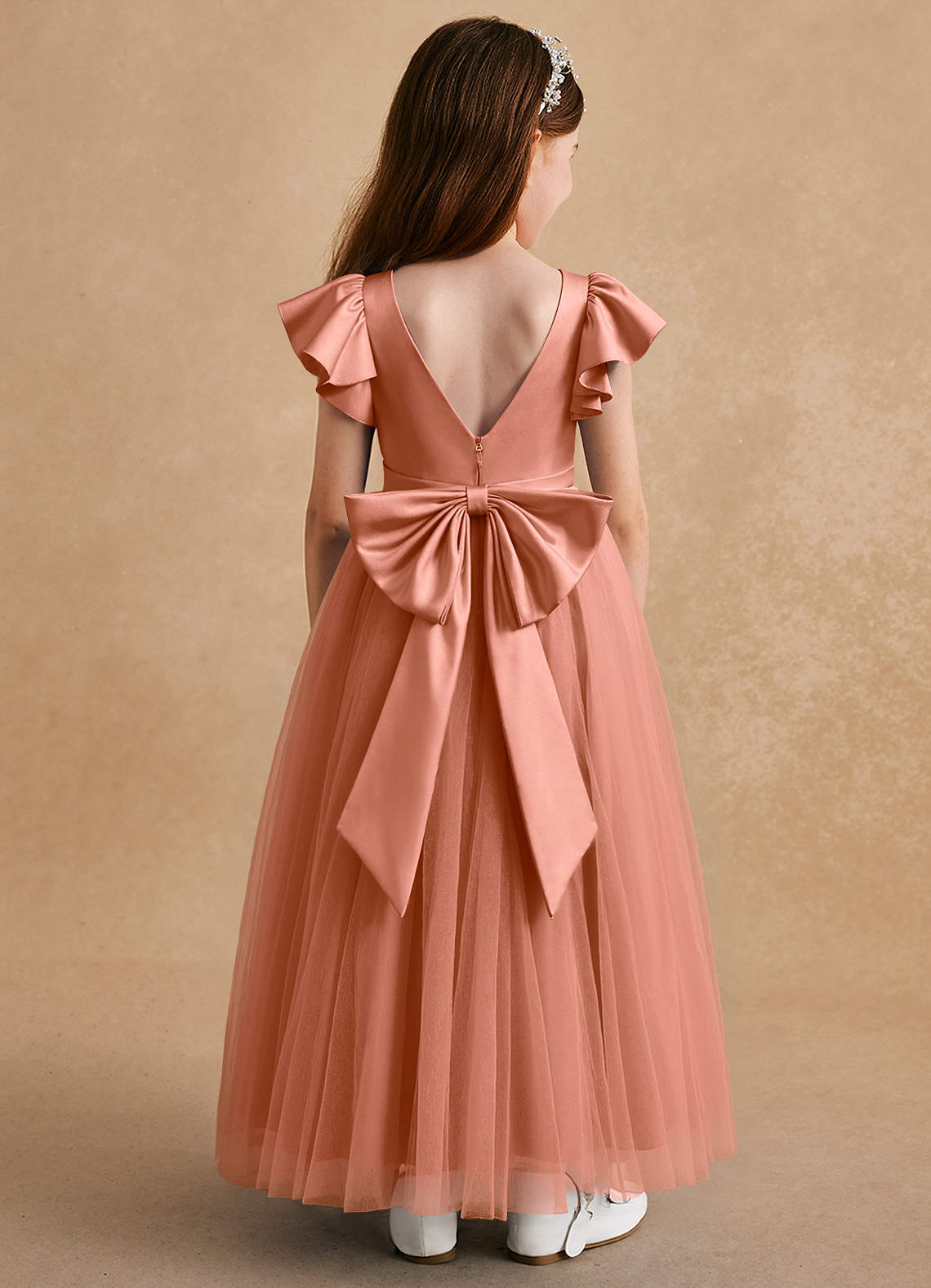 Azazie Suzy Blumenmädchenkleider A-Linie mit ärmel Tüll Kleid Mai Tai image1