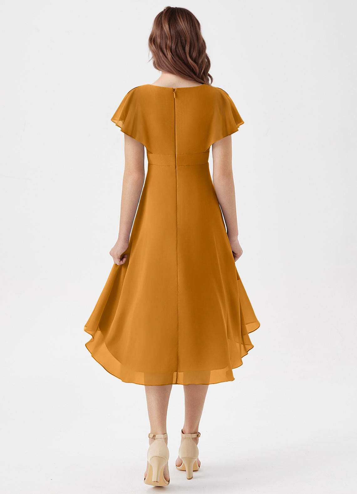 Azazie Graciela Junior Vestido Caramelo de Chiffon de Linha A com Plissado image1