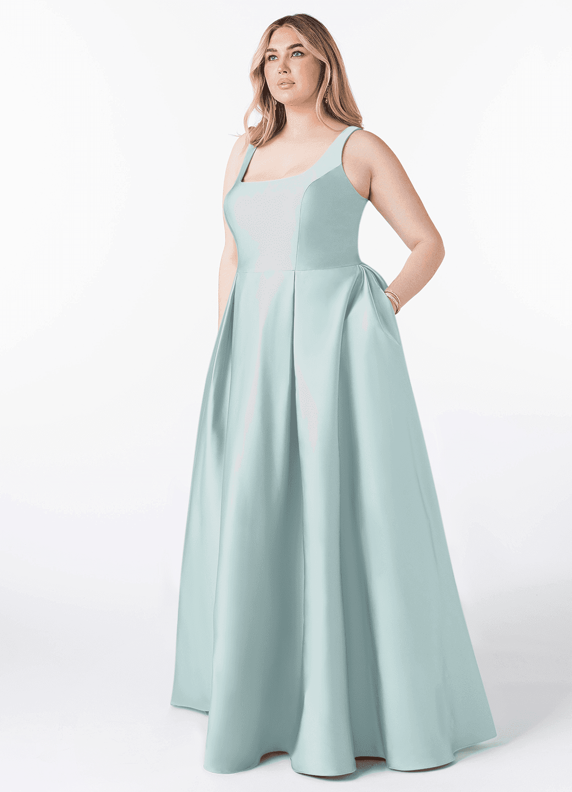 Azazie Neve Bridesmaid Dresses Mist Ball-Gown with Pockets Stretch Satin Dress image1