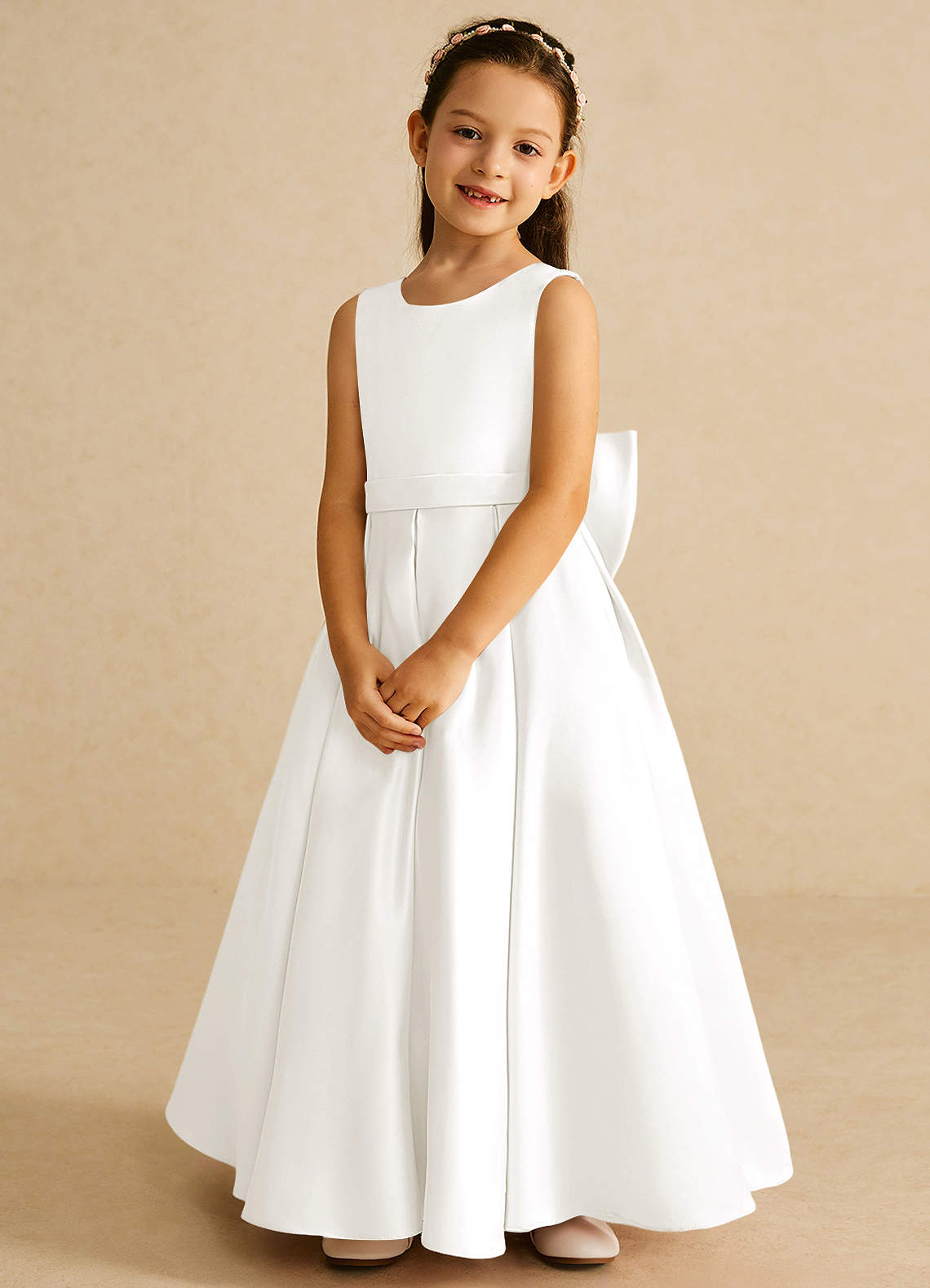 Azazie Pipsy Flower Girl Dresses Ivory A-Line Bow Matte Satin Dress image3