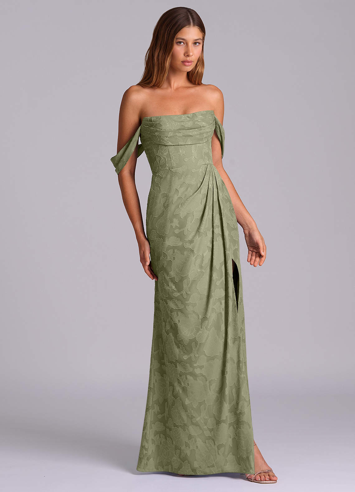 Azazie Johana Brautjungfernkleider Wandelbar Meerjungfrau-Linie Schulterfrei Blumen-Burnout Kleid Pistazie image4