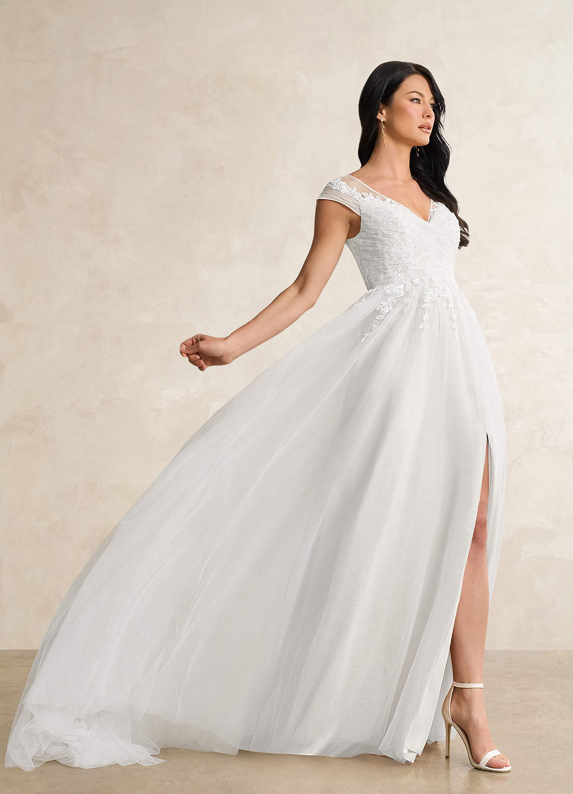 Azazie Bellisima Diamond White A-Line V-Neck Tulle Dress | Azazie CA