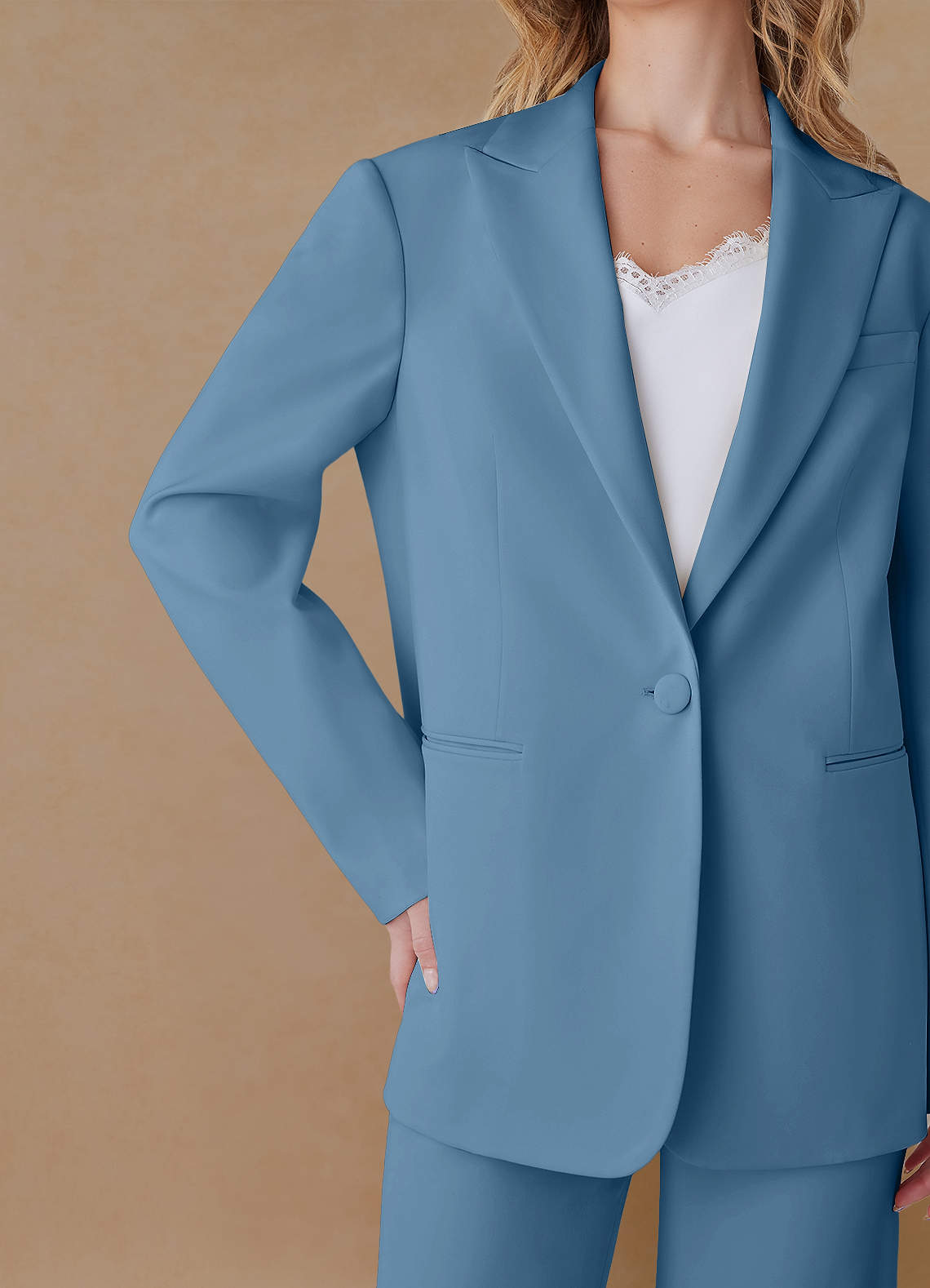 front Amelia Steel Blue Refined Weave Performance Oversized Blazer