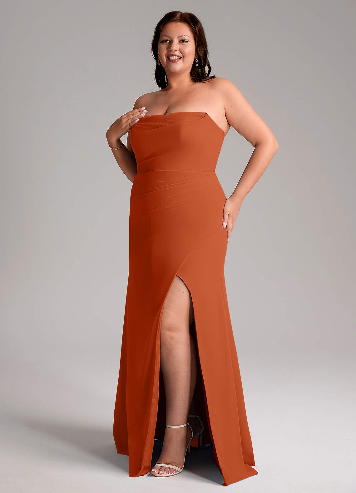 Azazie Leonis Vestidos de madrinha de casamento Vestido Laranja Queimada de Chiffon de Bainha com Sem alças image12