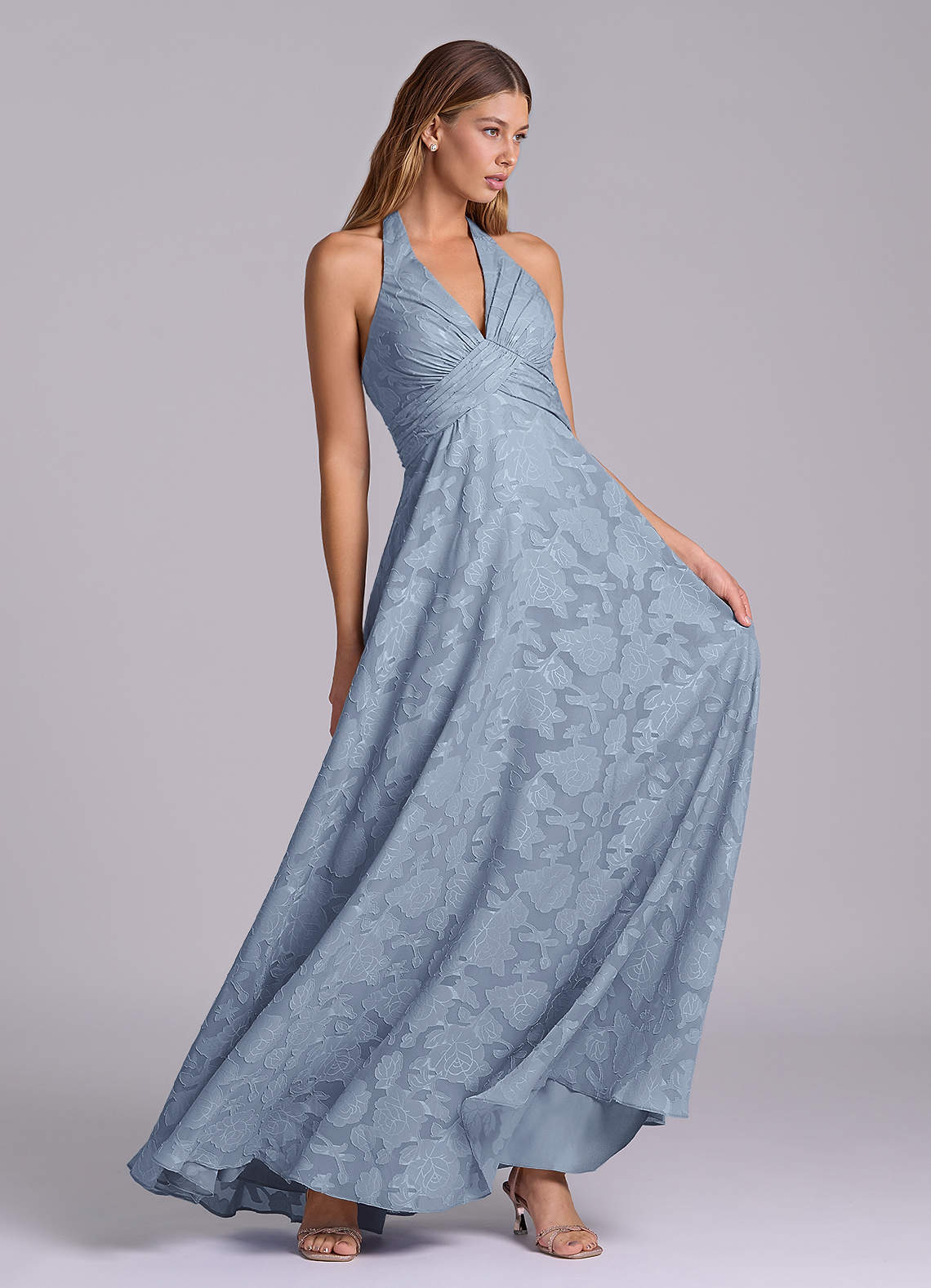 dusty blue floral bridesmaid dress Dusty Blue Romantic Bouquet Bridesmaid Dress Matte Satin Size Large
