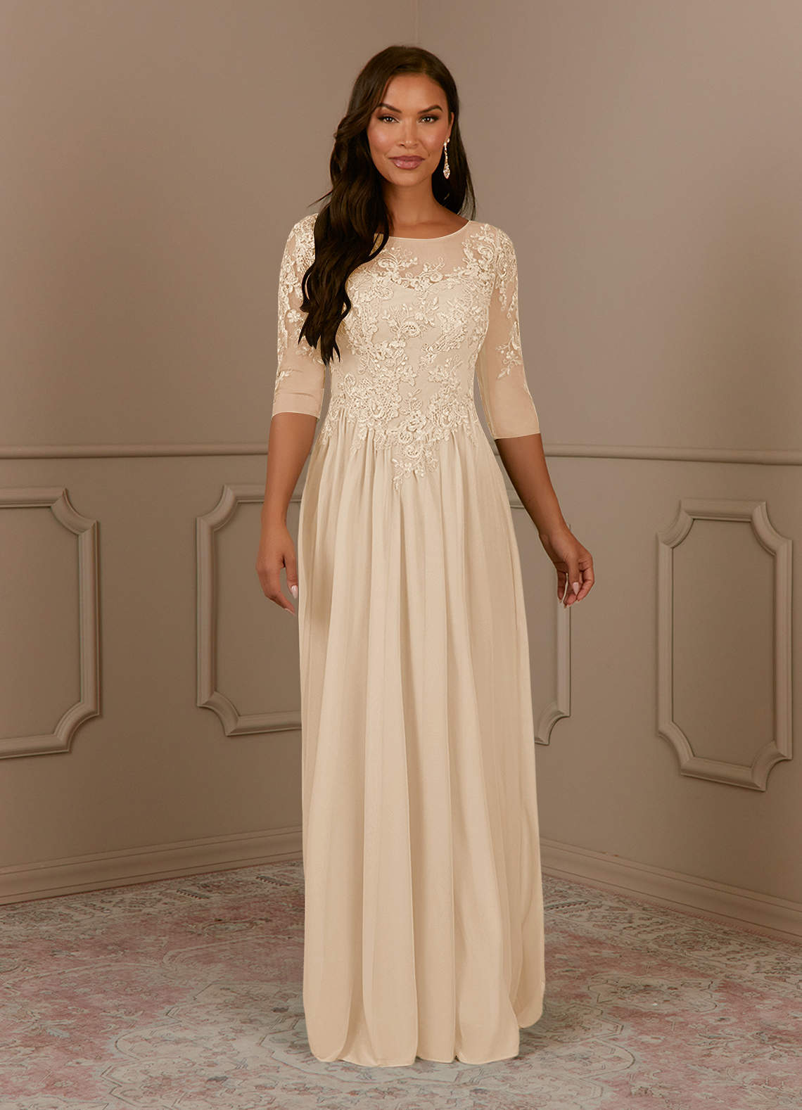 Azazie Harriet Mother of the Bride Dresses Champagne A-Line Scoop lace Mesh Dress image1