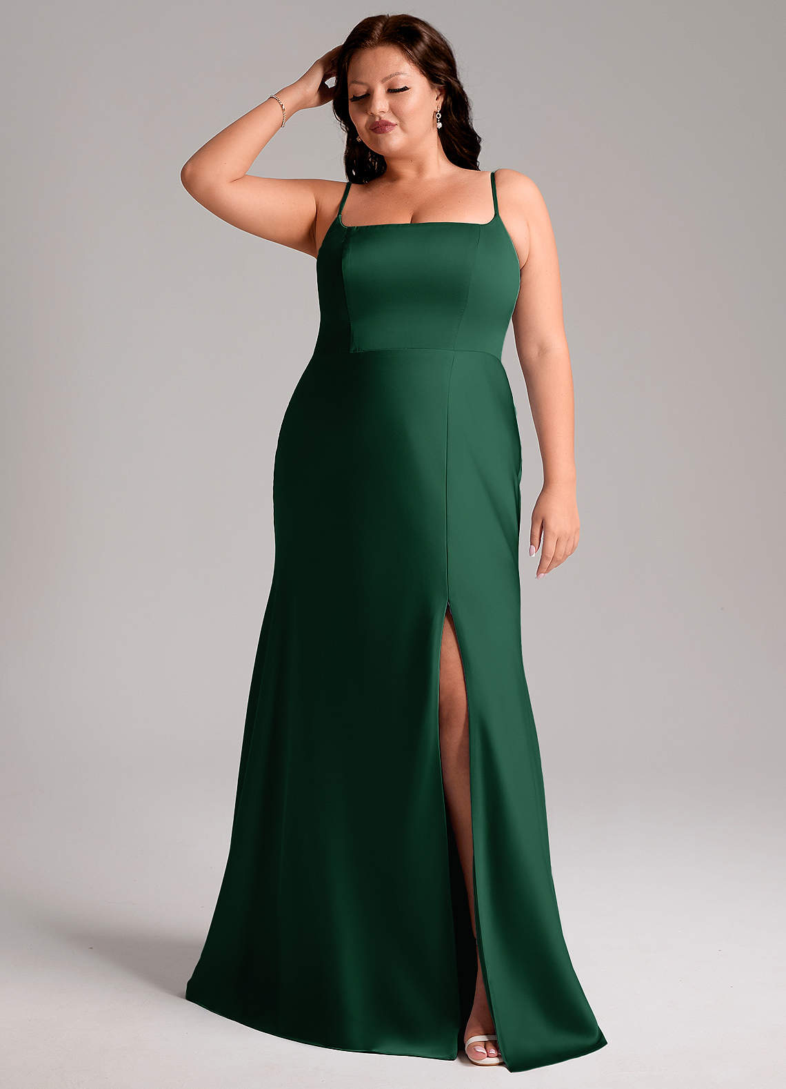 Azazie Lidia Bridesmaid Dresses Dark Green Mermaid Side Slit Stretch Satin Dress image1