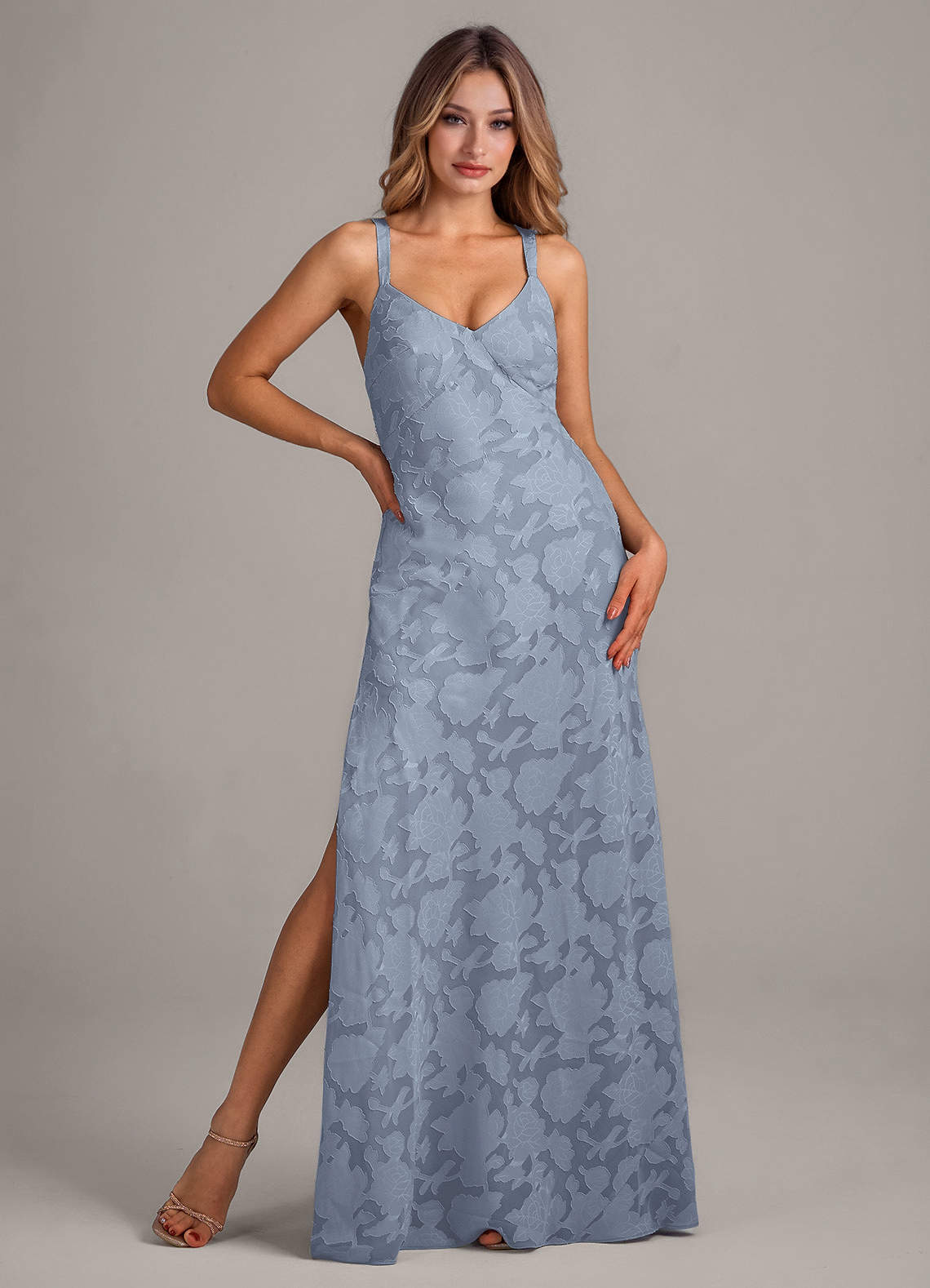 Azazie Aliza Bridesmaid Dresses Dusty Blue A-Line Floral Burnout Dress image1