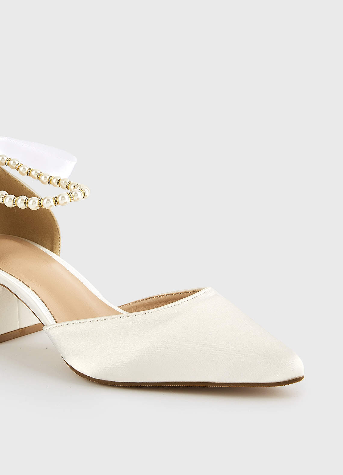 front Satin Pearl and Bow Pointed Toe Block Heels