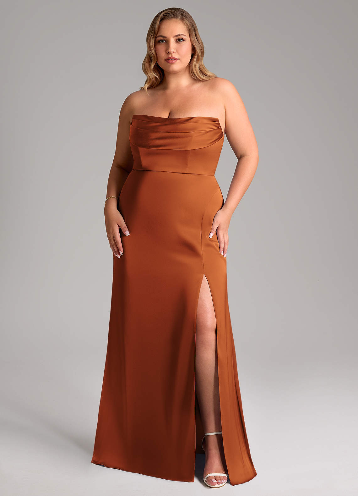 Azazie Saige Bridesmaid Dresses Cinnamon Sheath Off the Shoulder Stretch Satin Dress image15