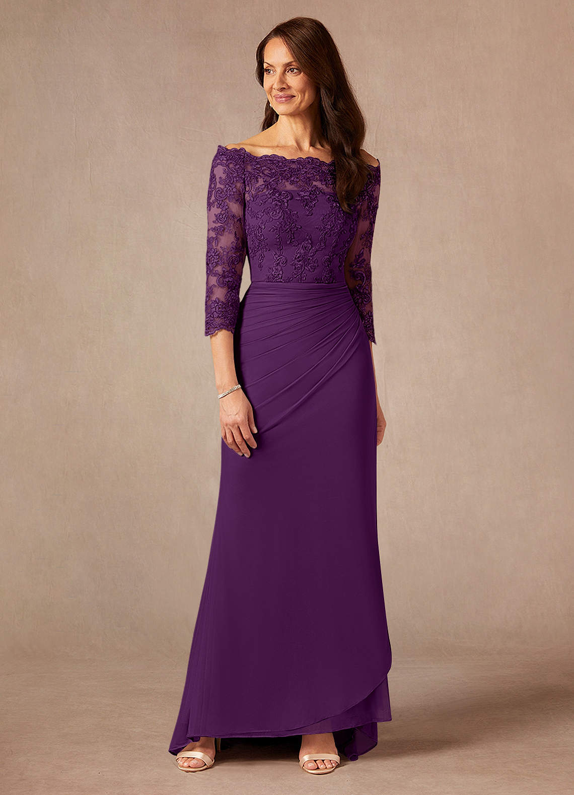 Azazie Rhonda Mother of the Bride Dresses Grape Mermaid Off the Shoulder Mesh Dress image1