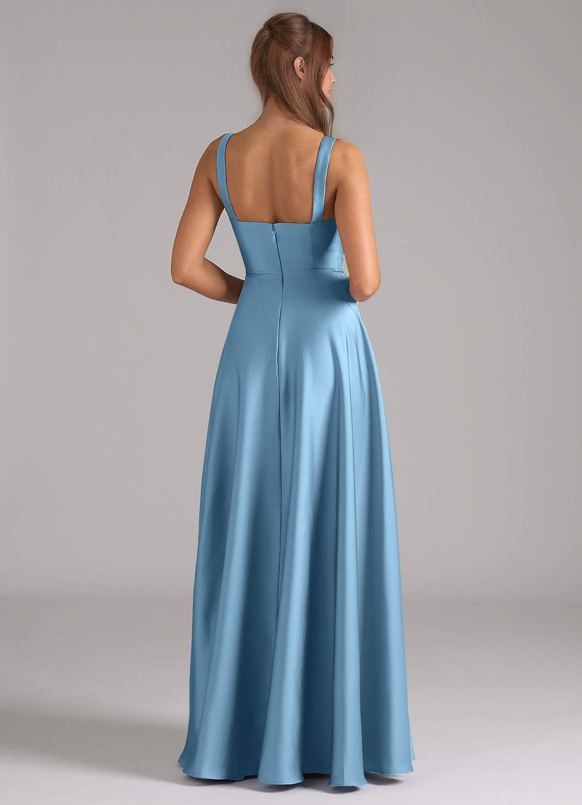 Azazie Shaude Robes de demoiselle d'honneur Robe Trapèze en Satin extensible Plissée Acier Bleuté image5