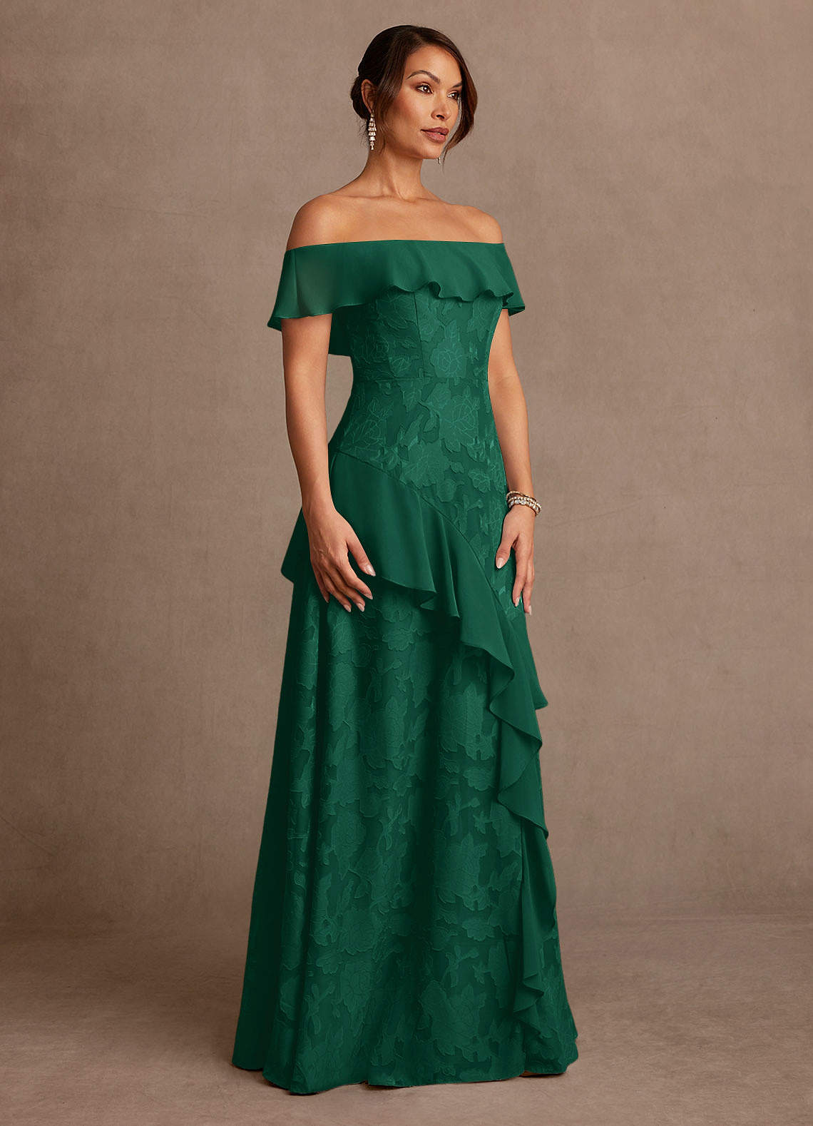 azura off the shoulder maxi dress green burnout Azazie A-Line/Princess Floor-Length Chiffon Mother of The Bride or Groom Dresses Women’s