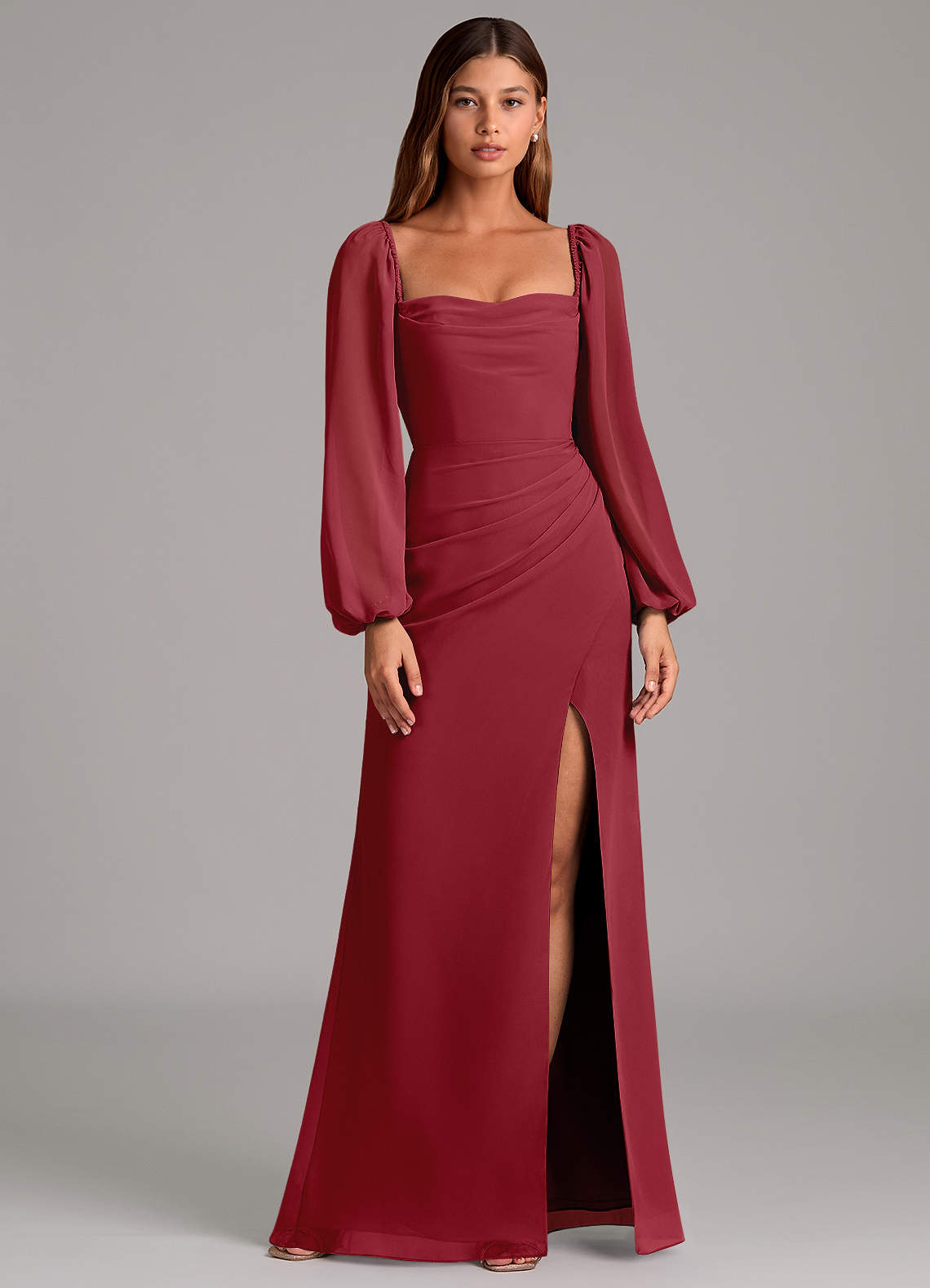 Azazie Brixley Abiti da Damigella Abito Sirena in Chiffon Manica Lunga Melograno image1