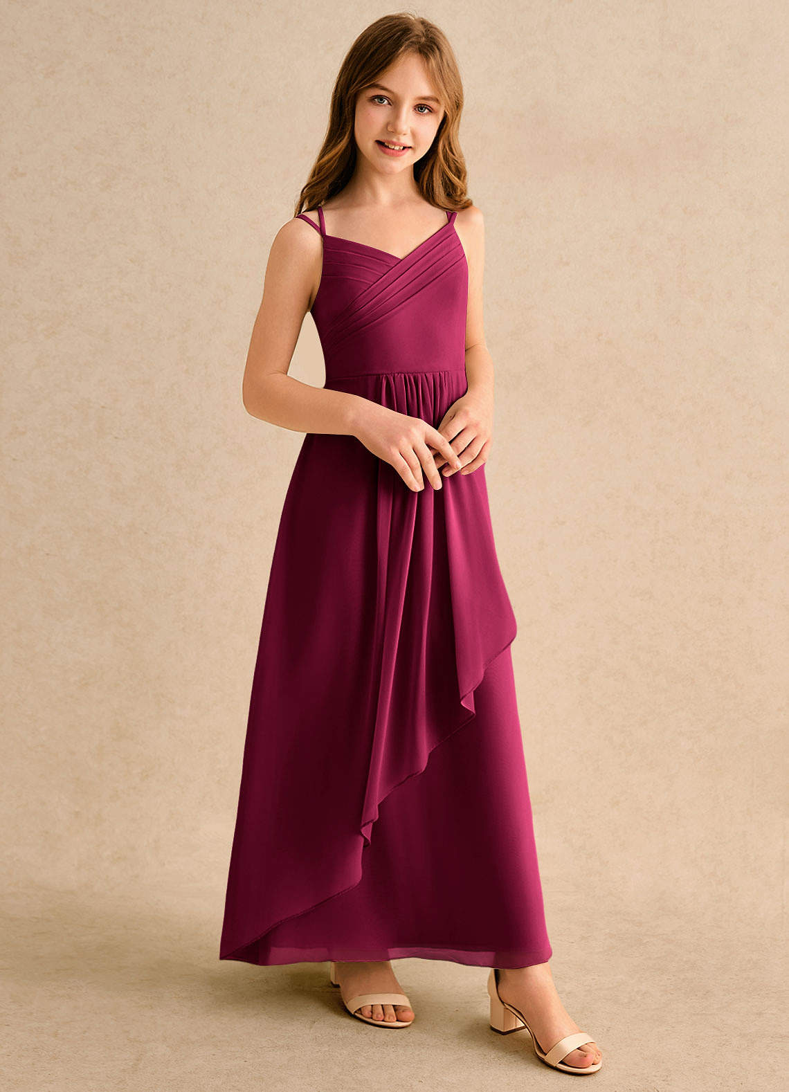 Azazie Zaida Girls Formal Burgundy A-Line Pleated Chiffon Dress