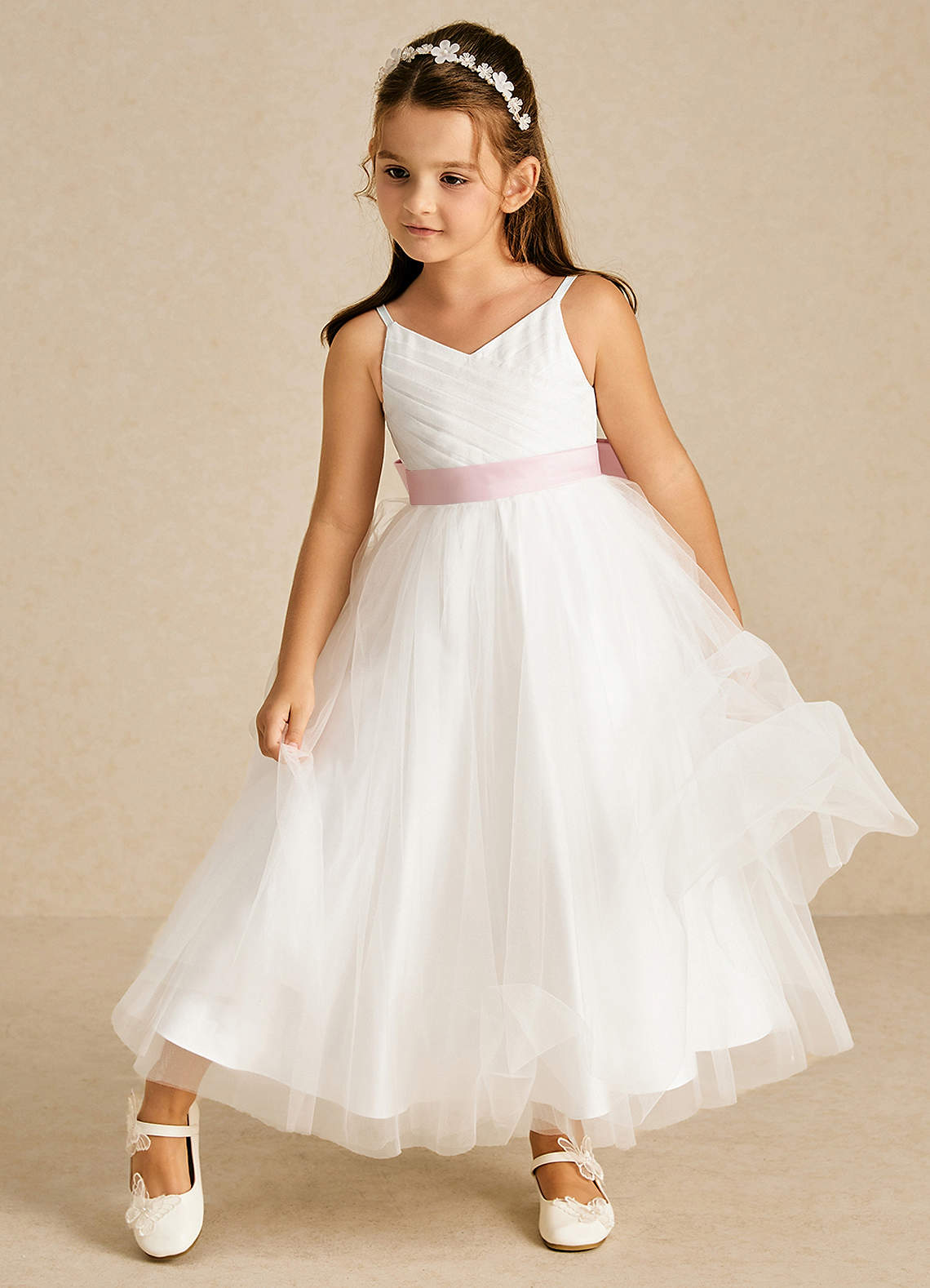 Azazie Lea vestidos de niña de las flores Vestido de Rosa Rubor de Tul de Corte En A con Tirante Espagueti image2