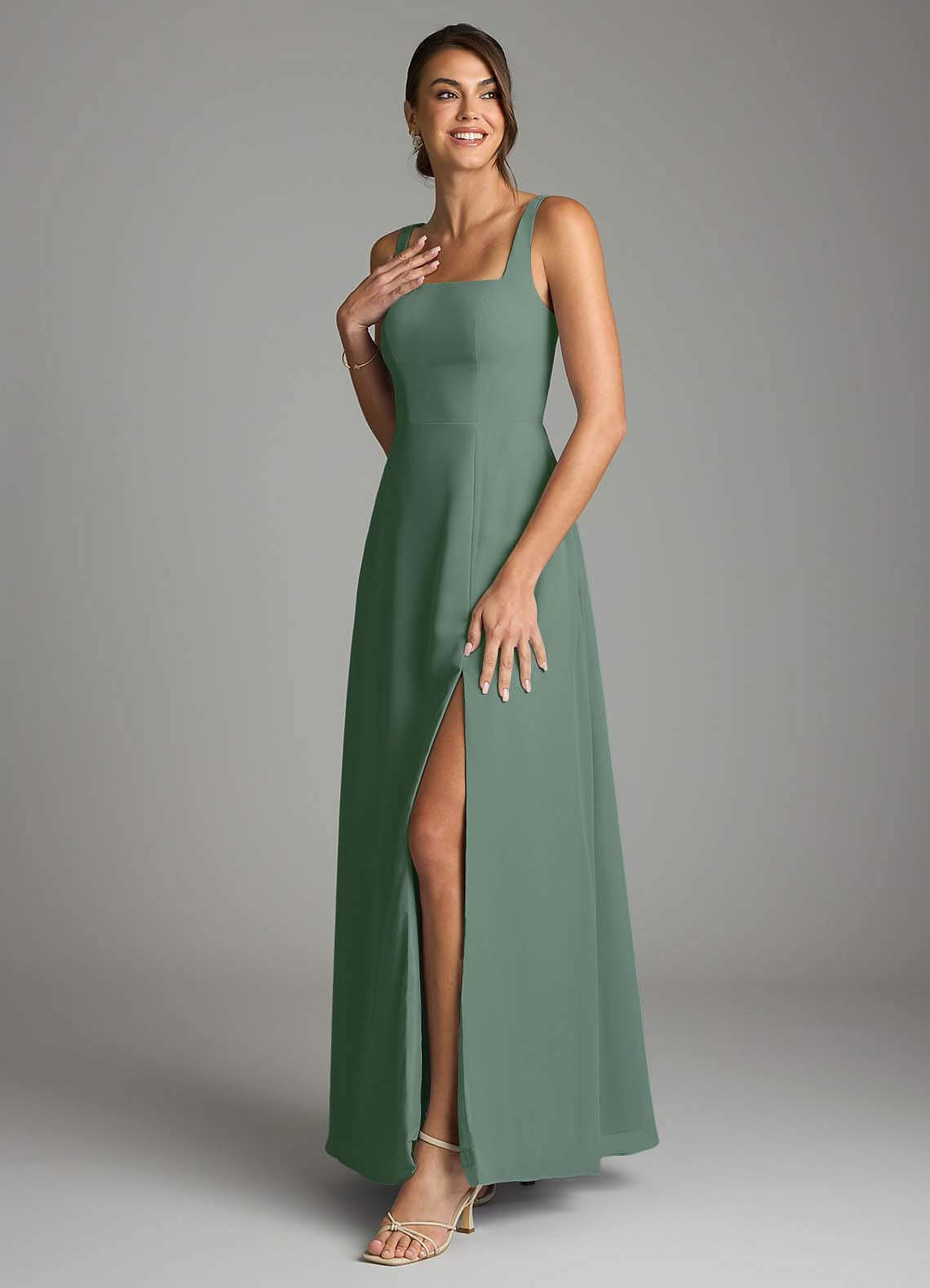 Azazie Debra Bridesmaid Dresses Eucalyptus A-Line with Pockets Chiffon Convertible Dress image4