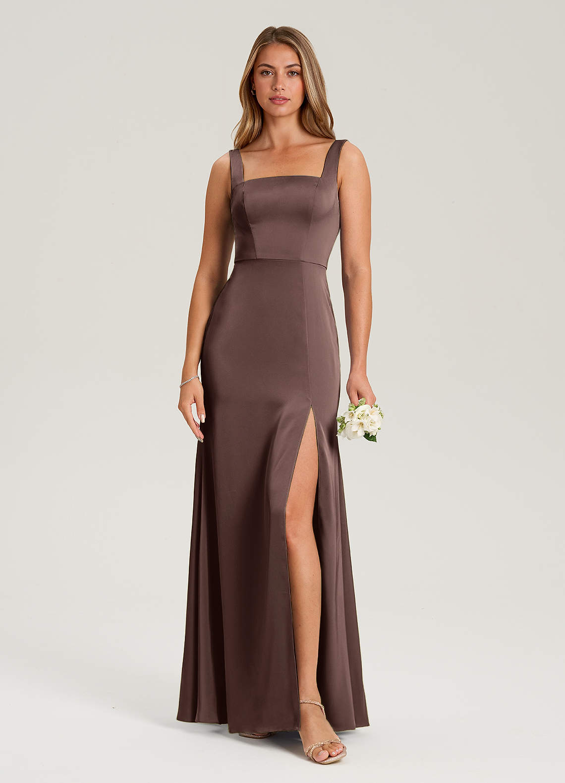 Azazie Frostine Bridesmaid Dresses Ganache A-Line Bow Stretch Satin Dress image1