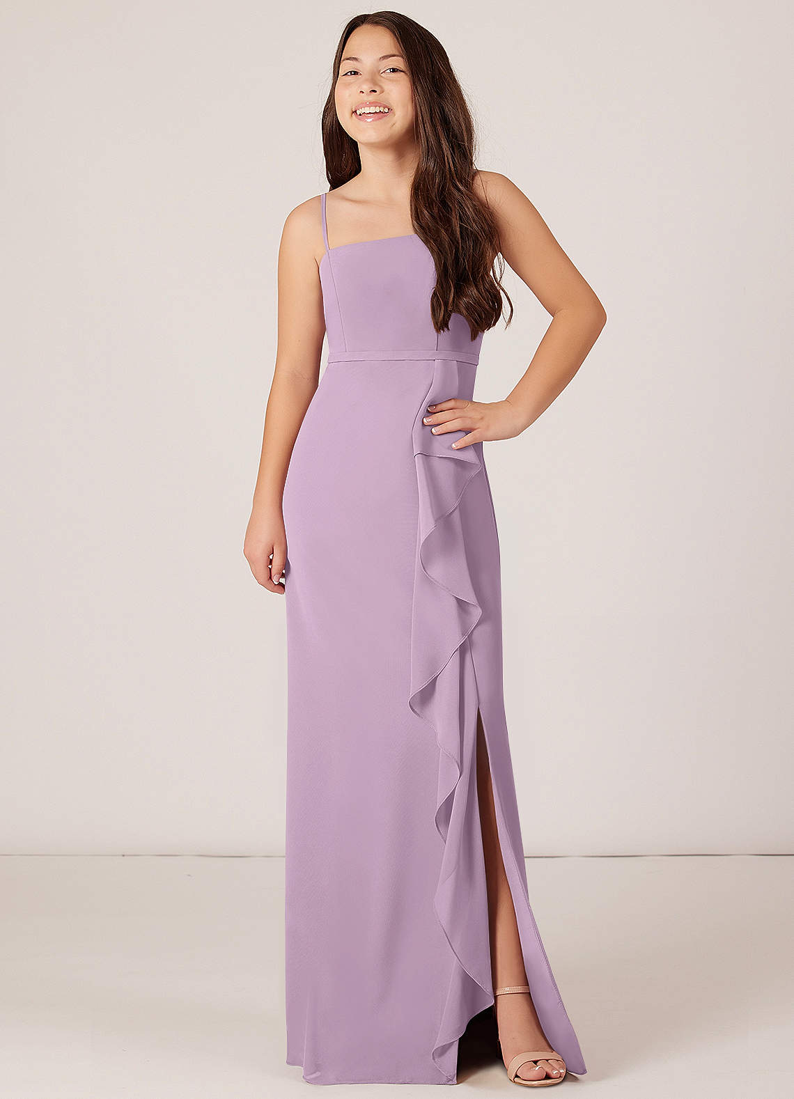 Azazie Kaylee Junior Vestido Glicínia de Chiffon de Linha A com com cinto image3