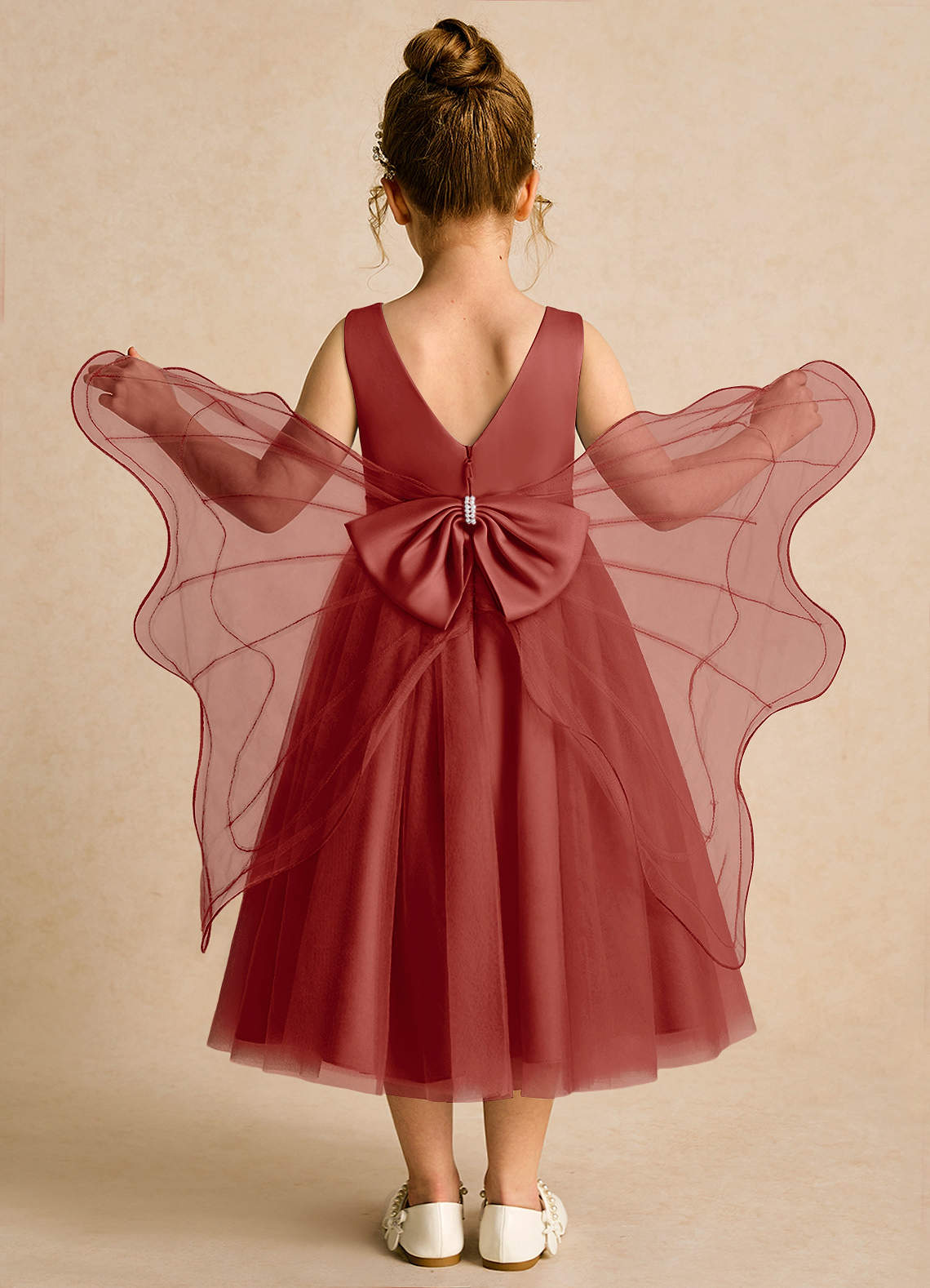 Azazie Pear Blumenmädchenkleider Ballkleid Schleifen Tüll Kleid Terrakotta image1