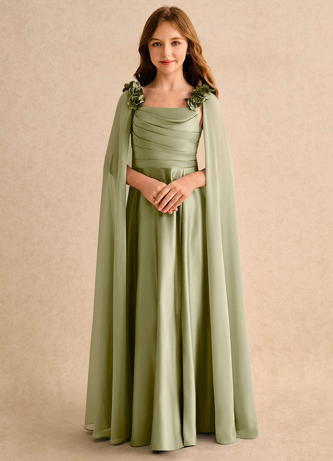 Azazie Rosita Girls Formal Flower Girl Dresses Moss Green A-Line Pleated Matte Satin Dress image4