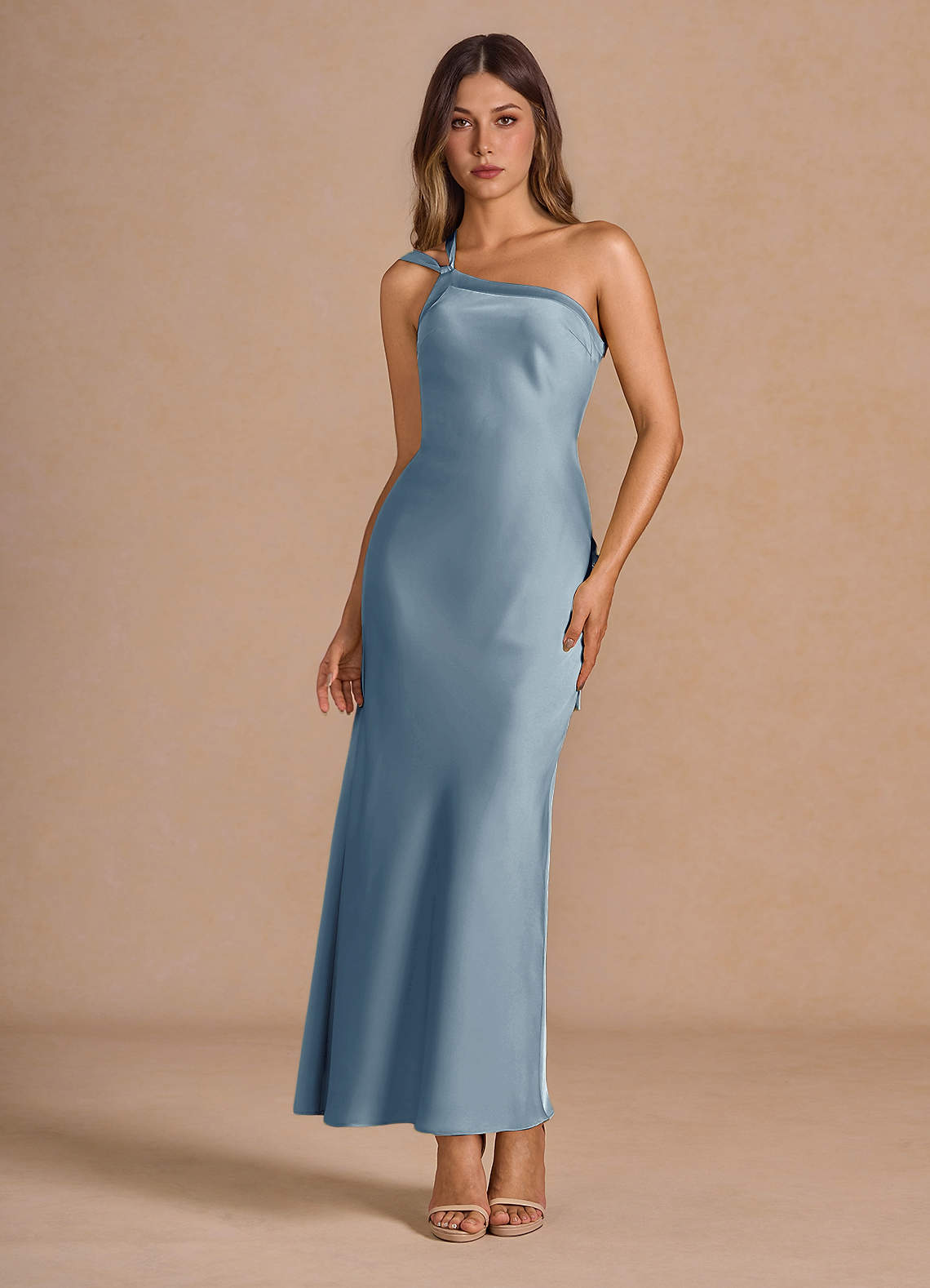 Azazie Plus Size Maxi Dresses Column Wedding Guest Formal Dresses One Shoulder Bows Powder Blue