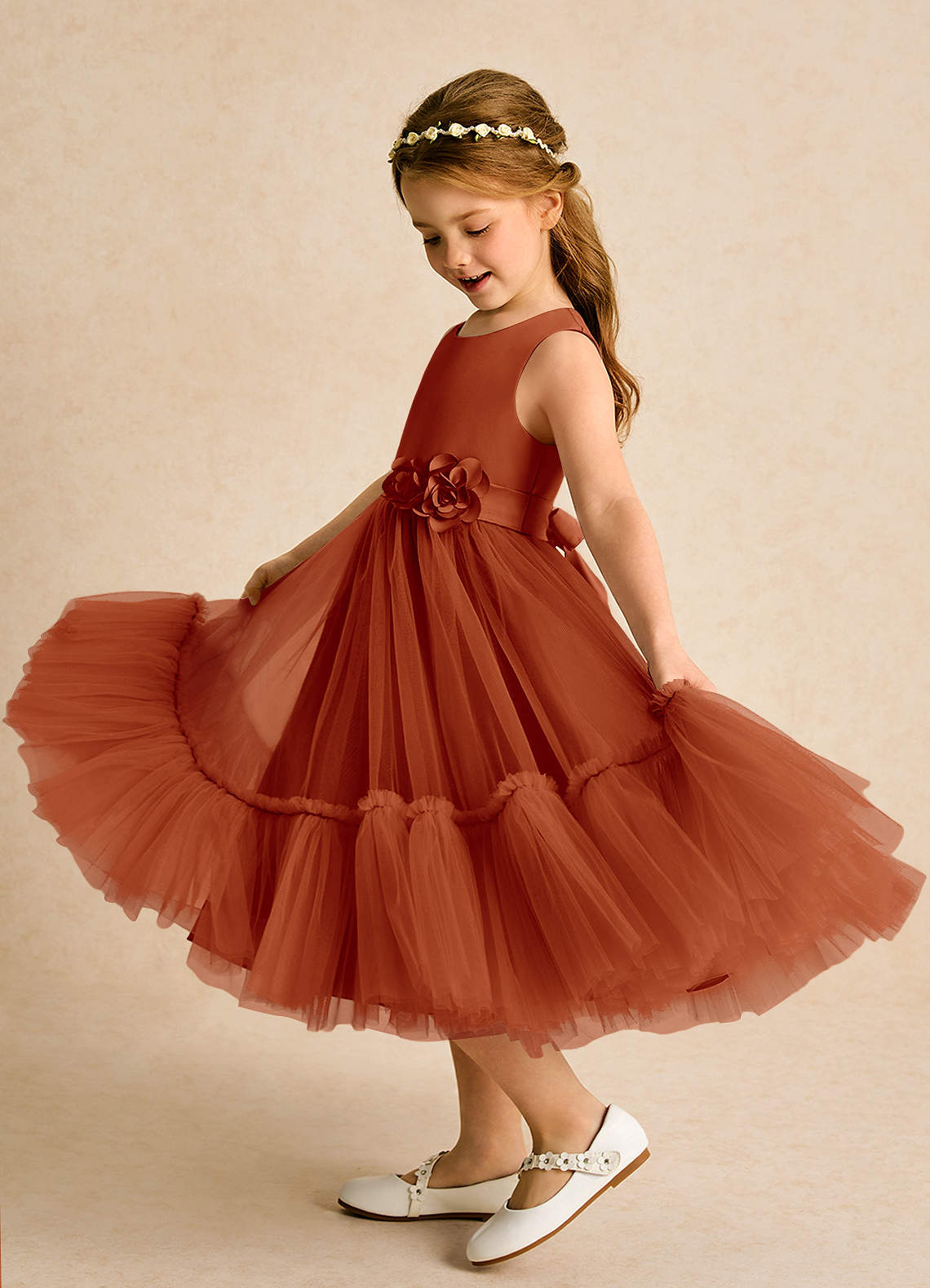 Azazie Miracle Flower Girl Dresses Paprika A-Line Bow Matte Satin Dress image1
