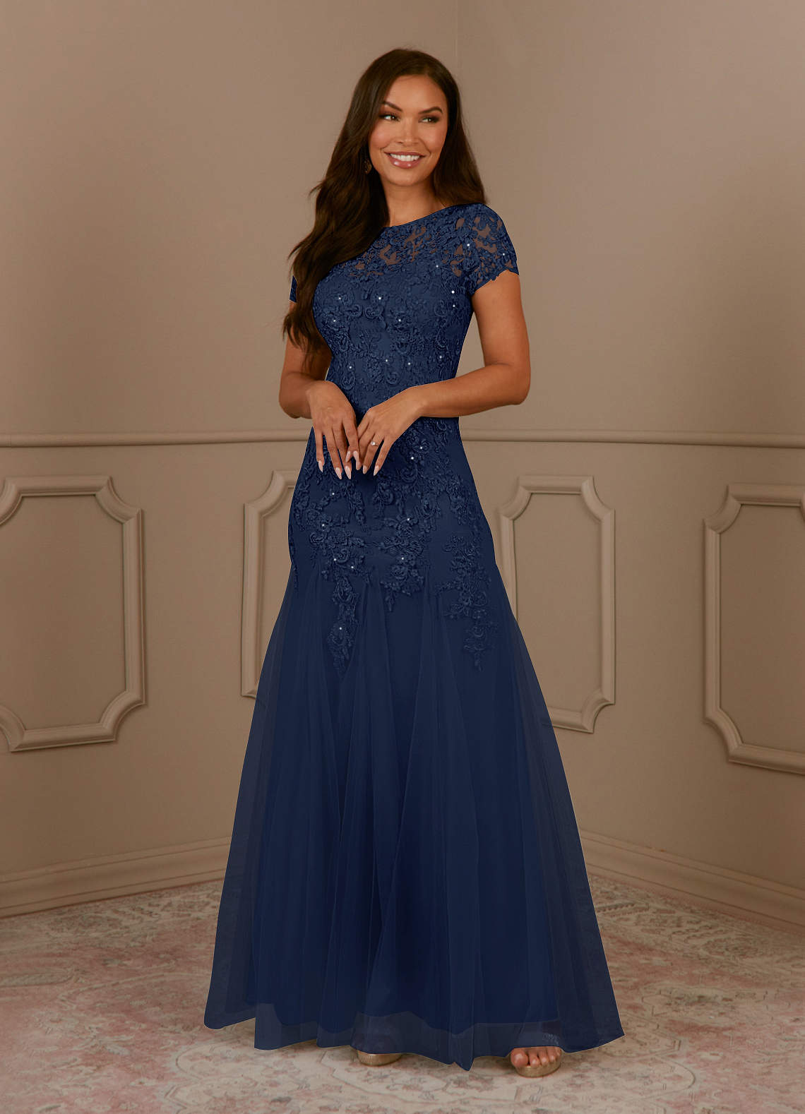 Azazie Laurie Mother of the Bride Dresses Dark Navy Mermaid Scoop Sequins Tulle Dress image3