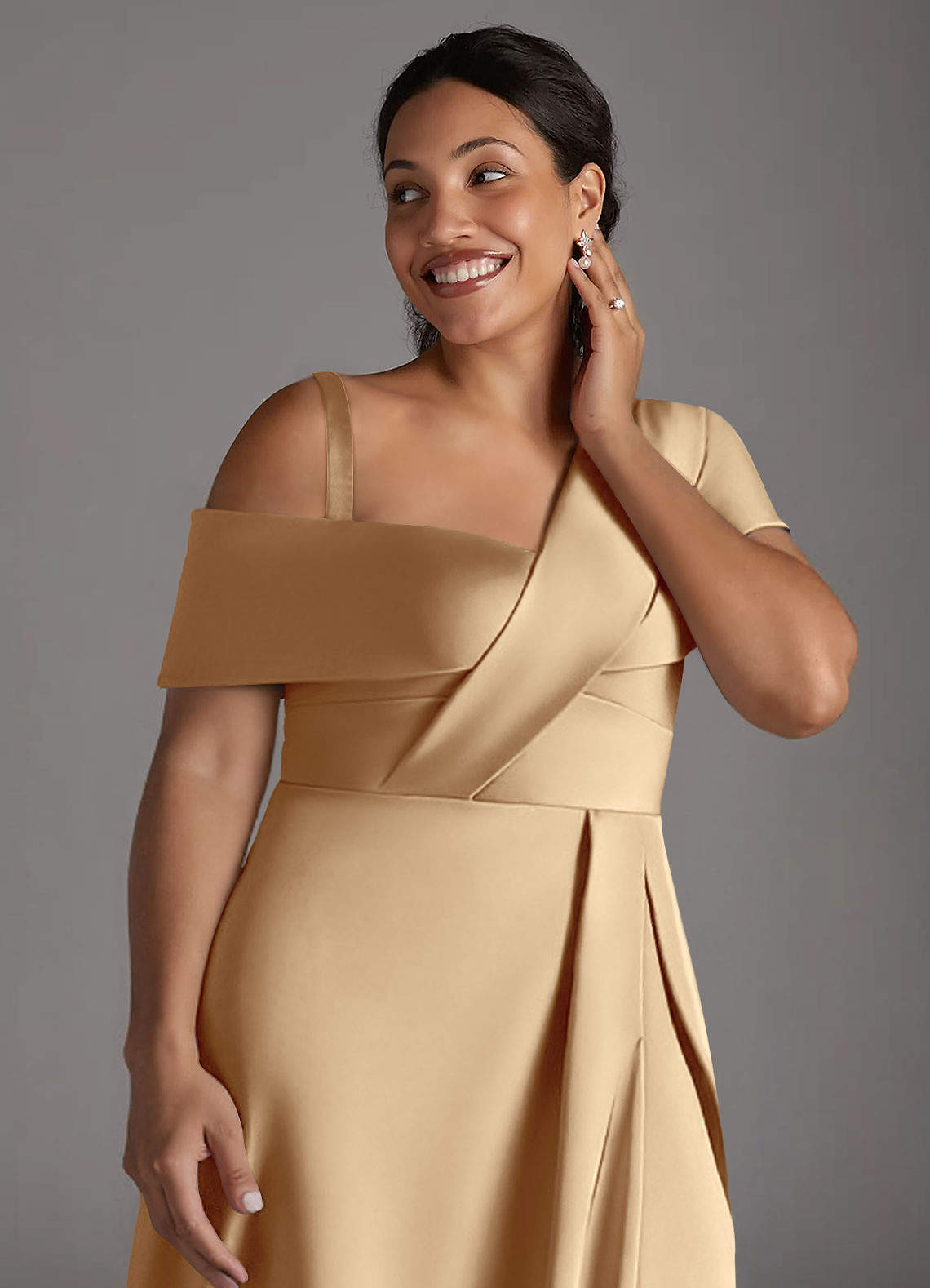 Azazie Milton Mother of the Bride Dresses Champagne A-Line Pleated Stretch Satin Dress image13