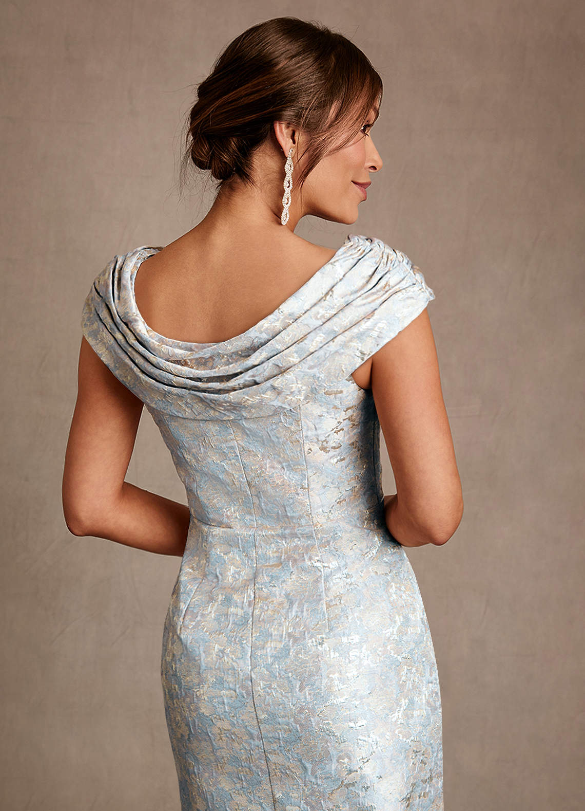Azazie Irvine Mother of the Bride Dresses Dusty Blue A-Line Pleated Floral Jacquard Dress image5