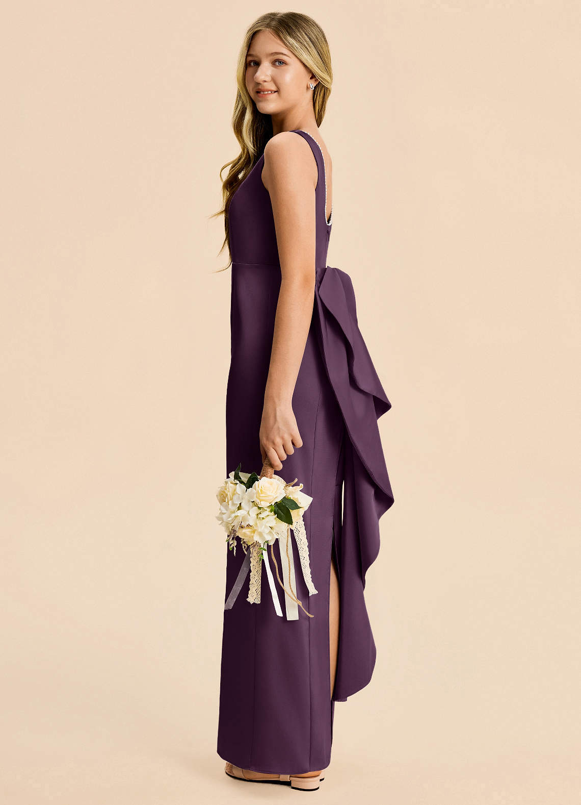 Azazie Emi Junior Plum Sheath Bow Stretch Satin Dress image2