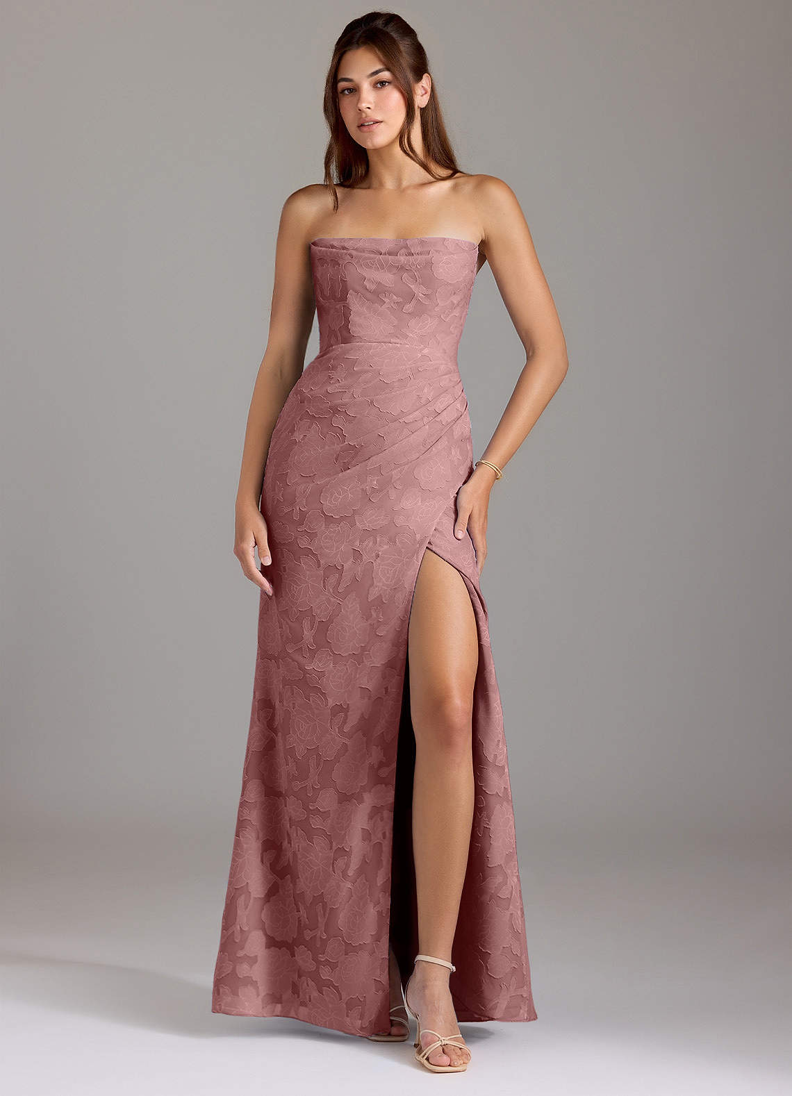 Azazie Leonis Bridesmaid Dresses Dusty Rose Sheath Strapless Floral Burnout Convertible Dress image1