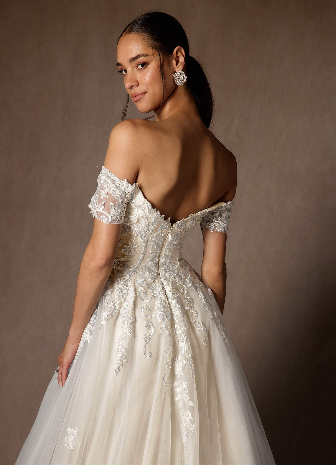 Azazie Rowe Wedding Dresses Diamond White Champagne Ball-Gown Off the Shoulder Tulle Dress image5