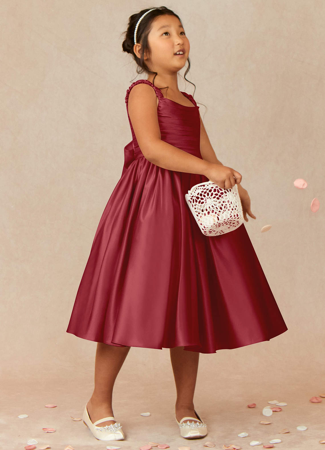 Azazie Cutie Pie Flower Girl Dresses Pomegranate A-Line Pleated Matte Satin Dress image1