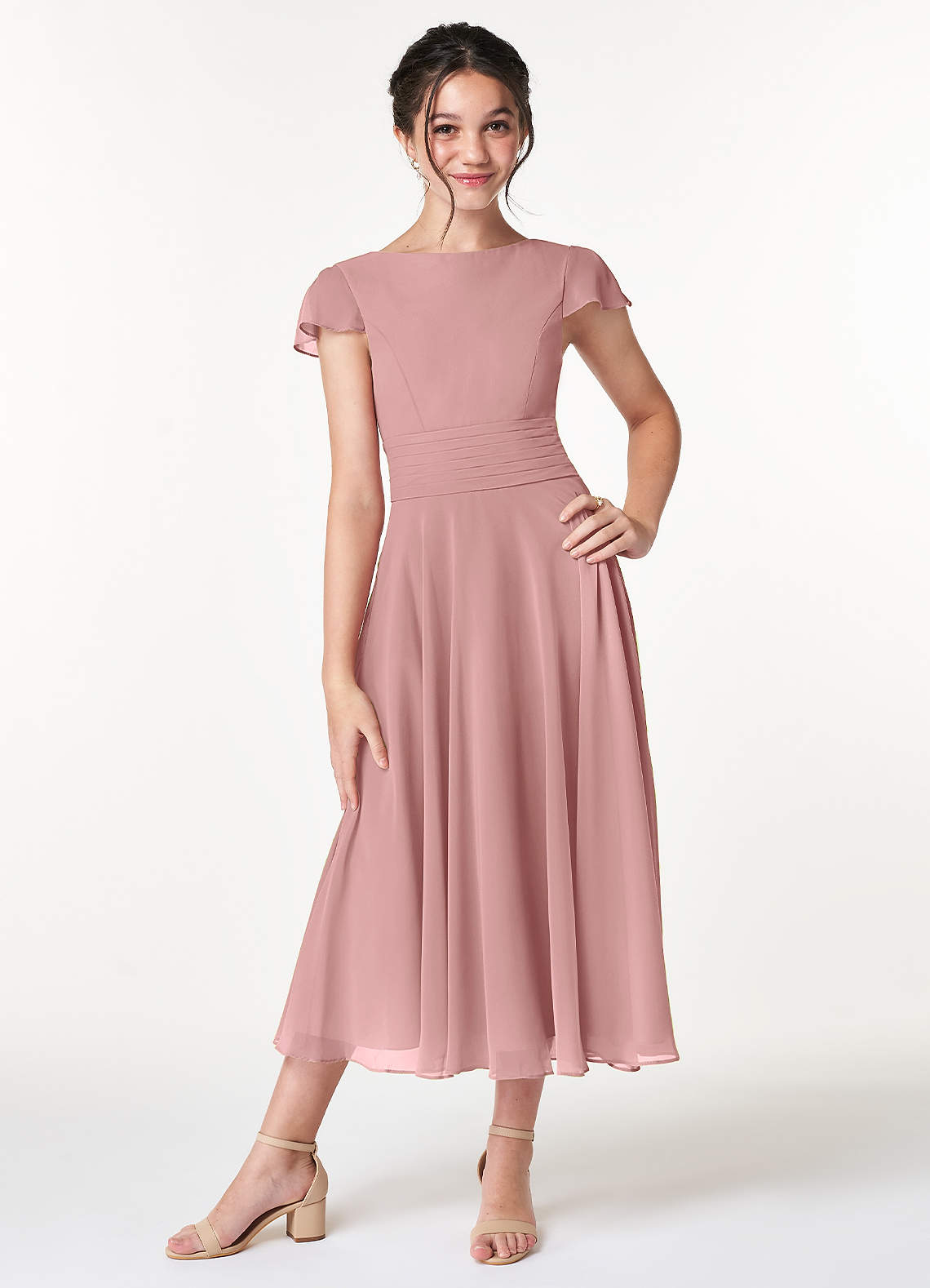 Azazie Payton Junior Dusty Rose A-Line Bow Chiffon Dress image1