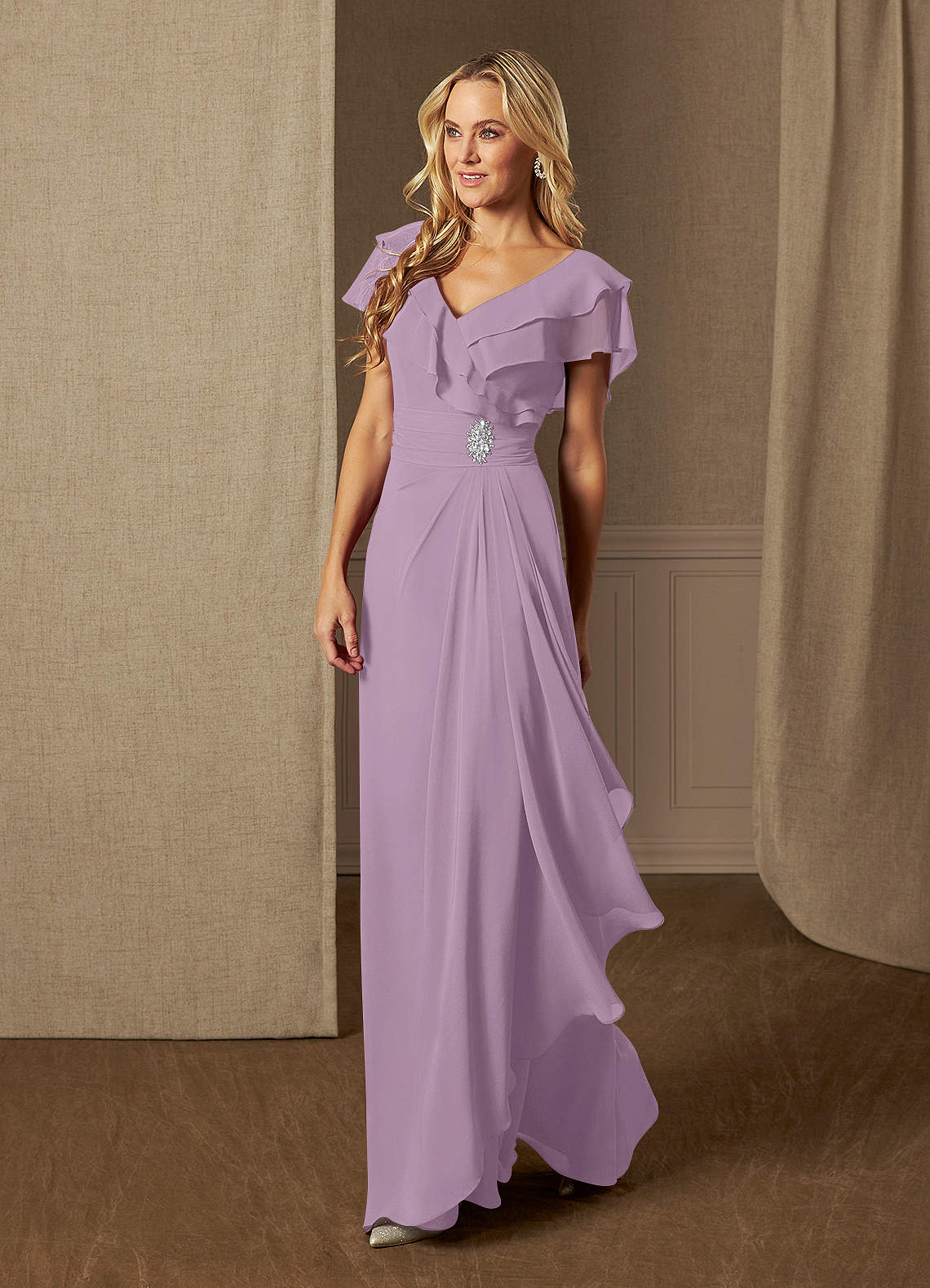 Wisteria Azazie Snapdragon A-Line V-Neck Ruched Chiffon Floor-Length ...