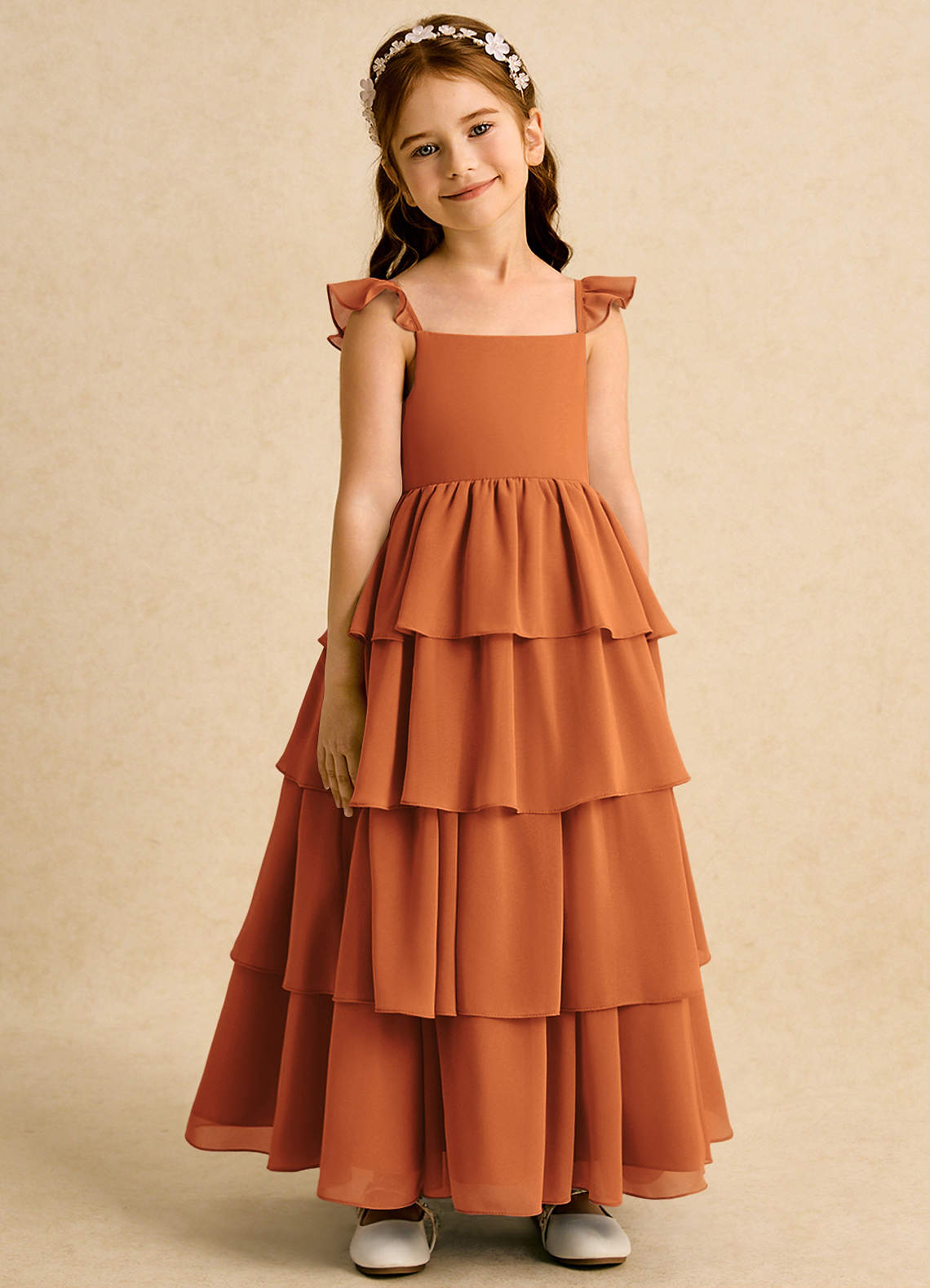 Azazie Boba Flower Girl Dresses Cinnamon A-Line Square Neckline Chiffon Dress image1