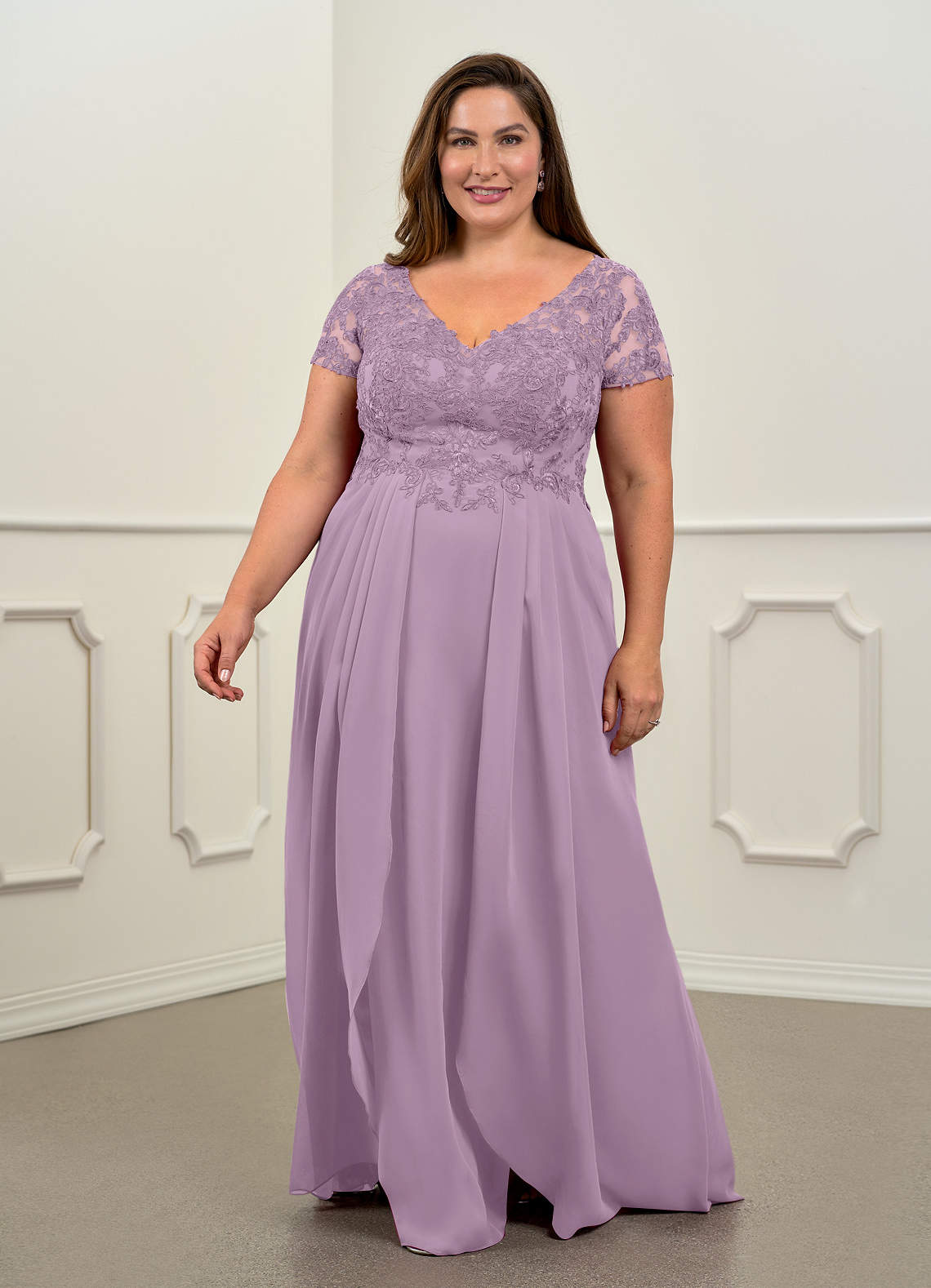 Mother Of The Bride Dresses Wisteria V-Neck A-Line Half Sleeves Ruched Zipper Long Chiffon Mother Of The Bride Dress