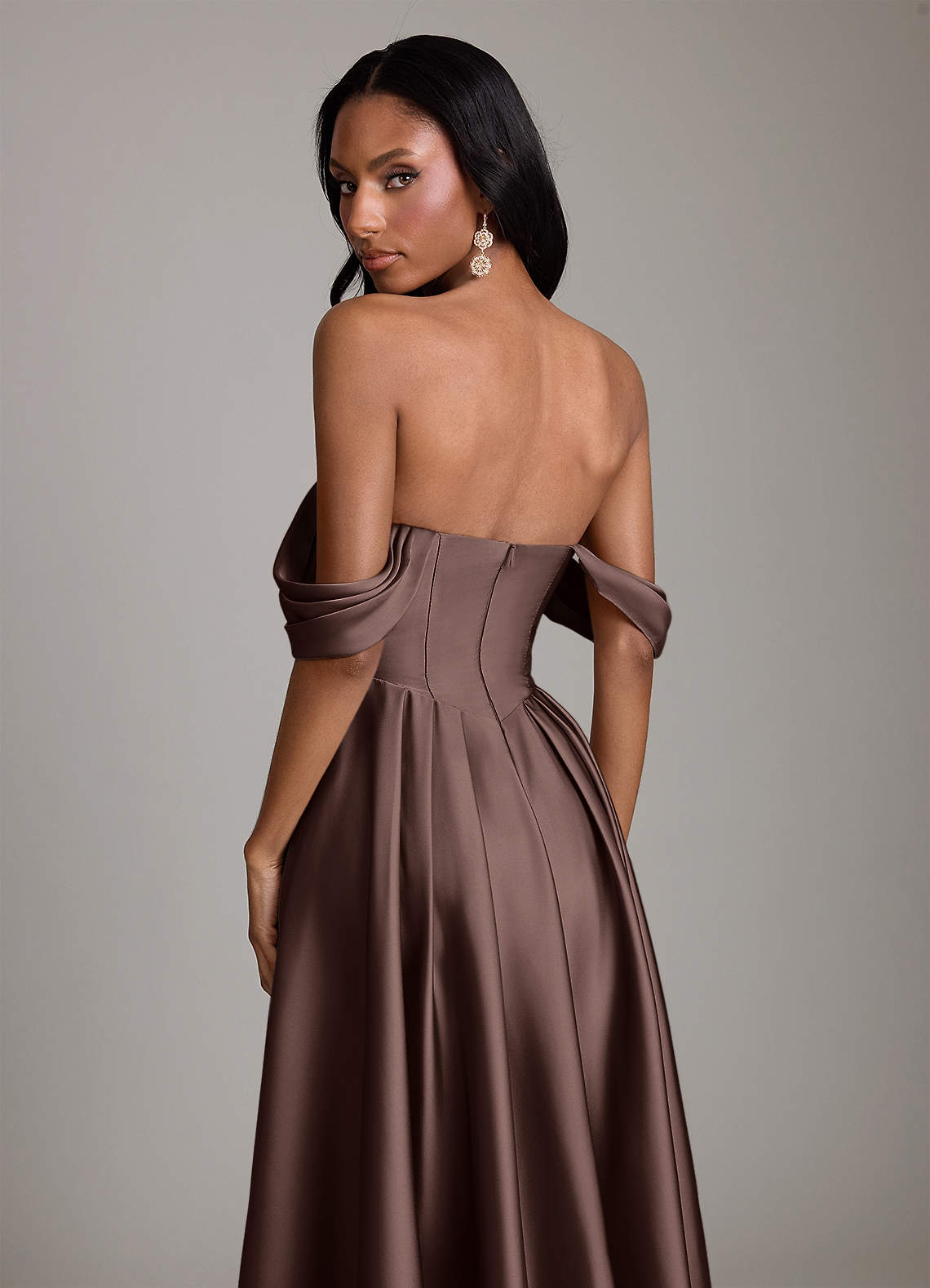 Azazie Loisa Bridesmaid Dresses Ganache A-Line Off the Shoulder Stretch Satin Dress image3