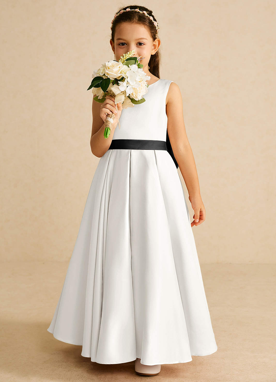Azazie Pipsy Flower Girl Dresses Ivory Black A-Line Bow Matte Satin Dress image4