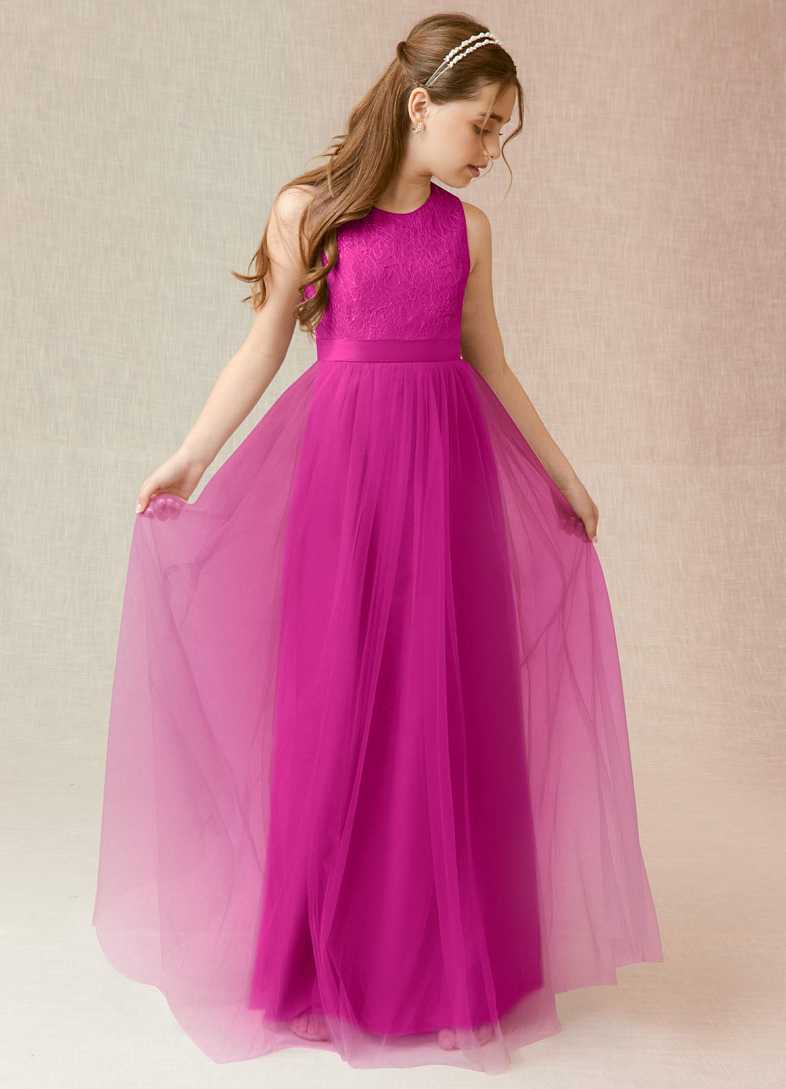 Azazie Georgette Junior Jurk van Tule met A-Lijn Kant Fuchsia image1