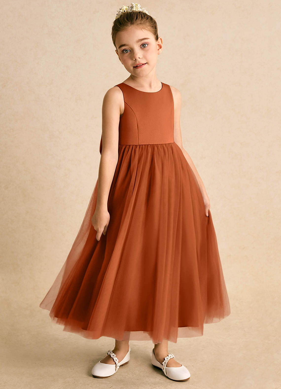 Azazie Solia Robe Demoiselle D'honneur Fillette Robe Princesse en Tulle Arc Orange Brûlée image3