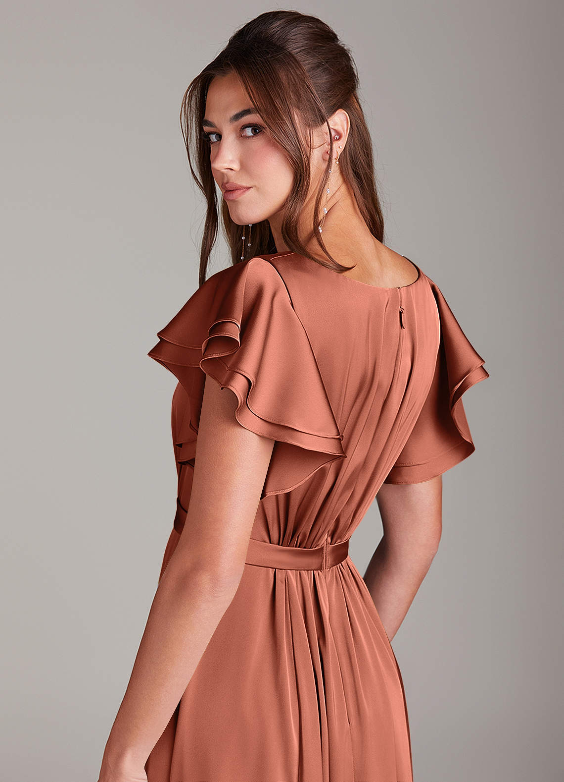 Azazie Daphne Modest Bridesmaid Dresses A-Line Ruched Stretch Satin Floor-Length Dress image1