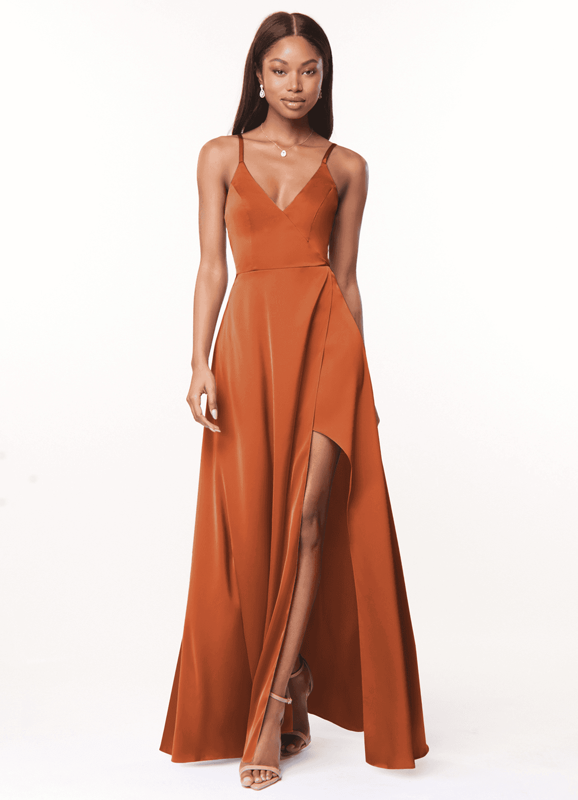 Azazie Maksim Bridesmaid Dresses Cinnamon A-Line V-Neck Stretch Satin Dress image1
