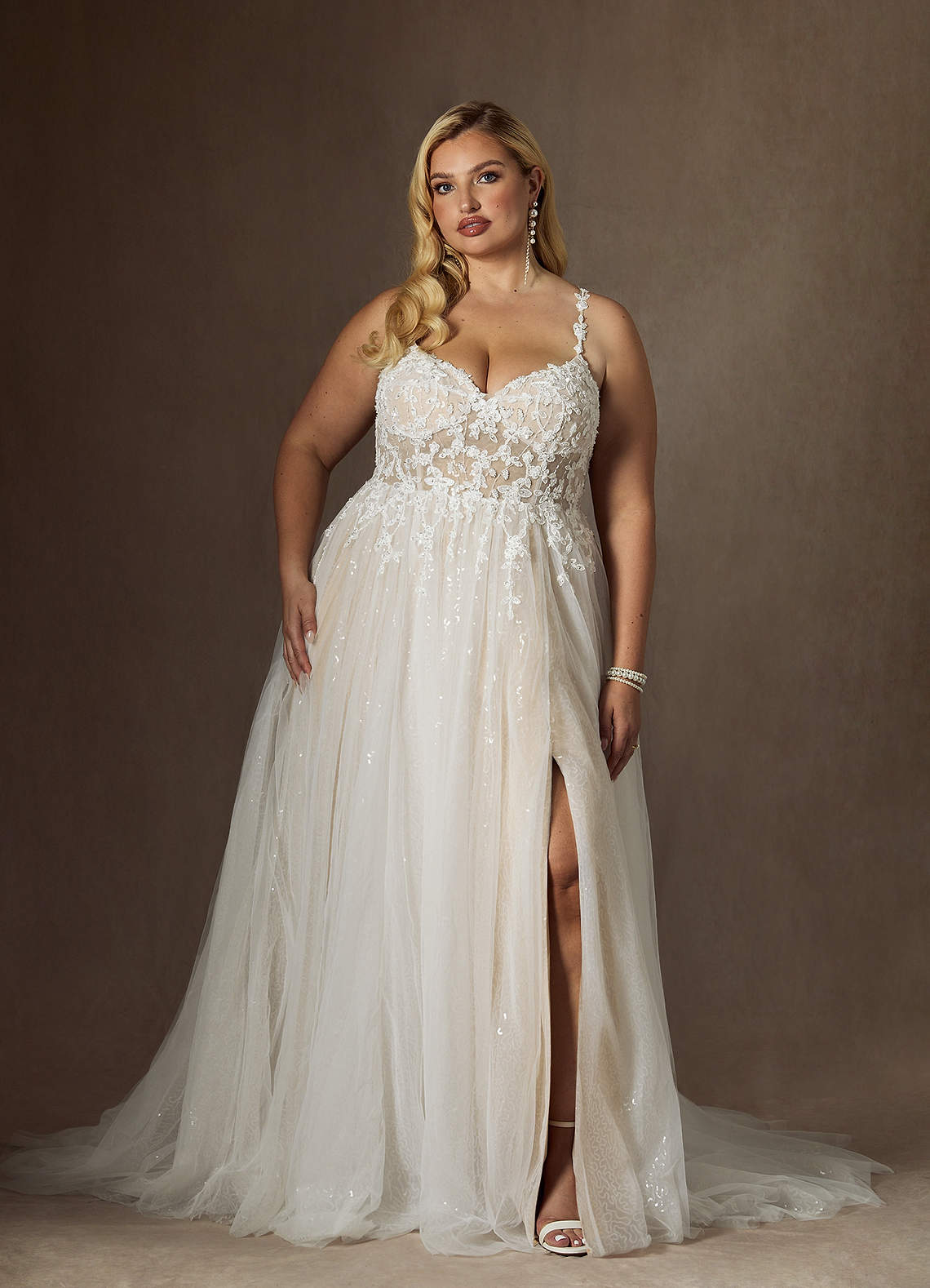 Azazie Florian Wedding Dresses Diamond White Champagne A-Line V-Neck Sequins Tulle Dress image7