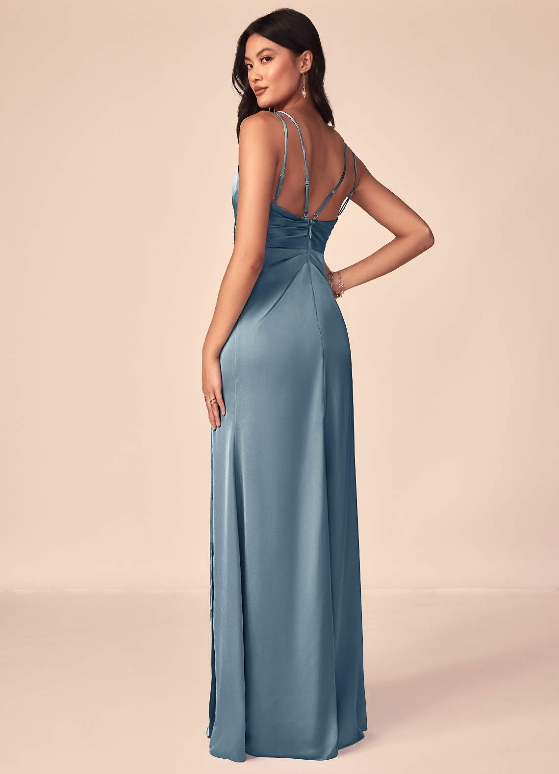 Azazie A-Line V-Neck Floor-Length Stretch Satin Bridesmaid Dresses Dusty Blue