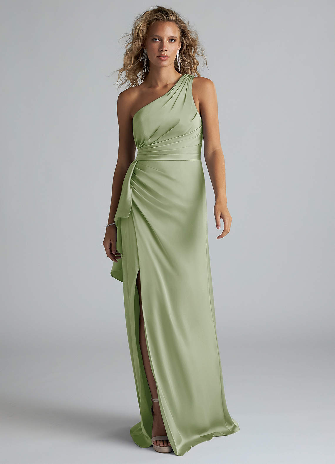 Azazie Maive Bridesmaid Dresses Dusty Sage Sheath Ruched Stretch Satin Dress image1
