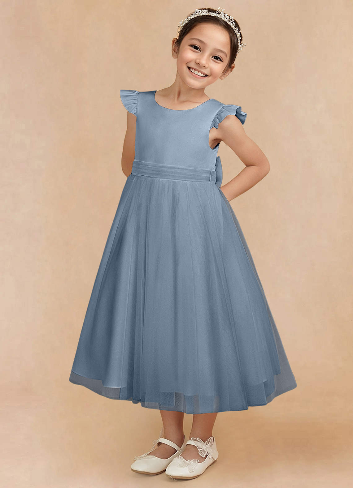 Azazie Hemi Flower Girl Dresses Dusty Blue A-Line Bow Tulle Dress image1